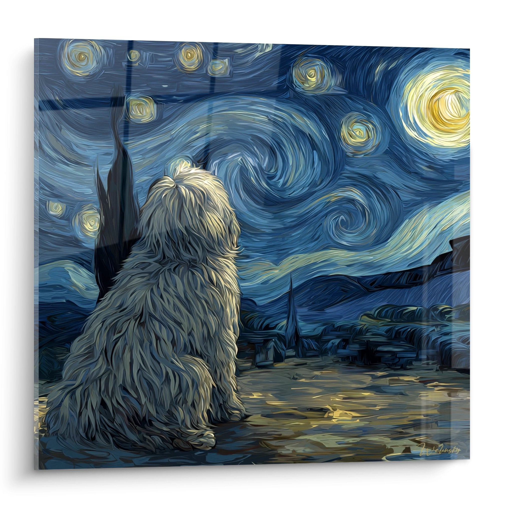 Tableau Komondor contemplant ciel etoile tourbillonnant bleu dore style artistique nocturne