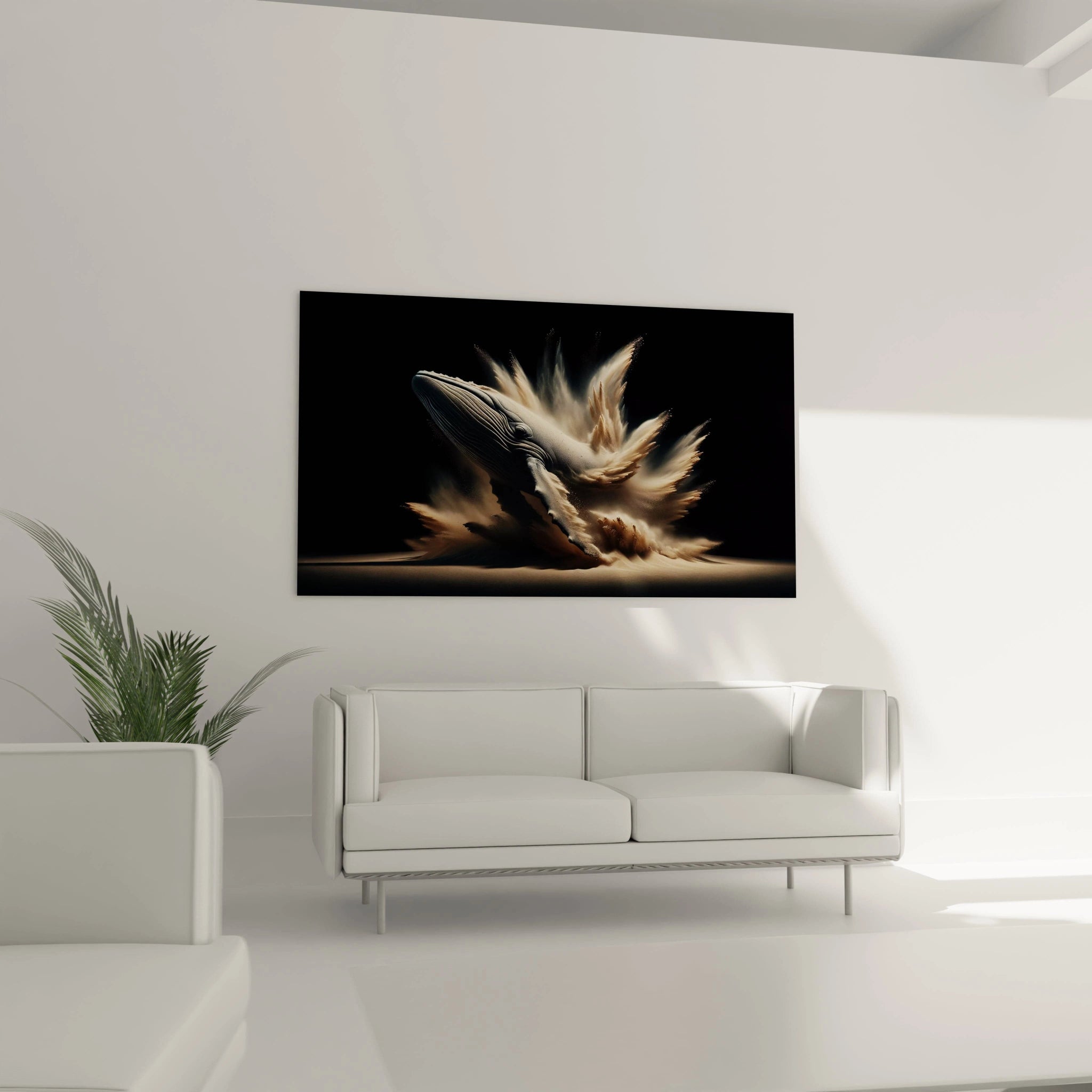 Un tableau artistique abstrait représentant une baleine avec des textures explosives en beige et blanc, contrastant avec un arrière-plan noir lisse et uniforme.