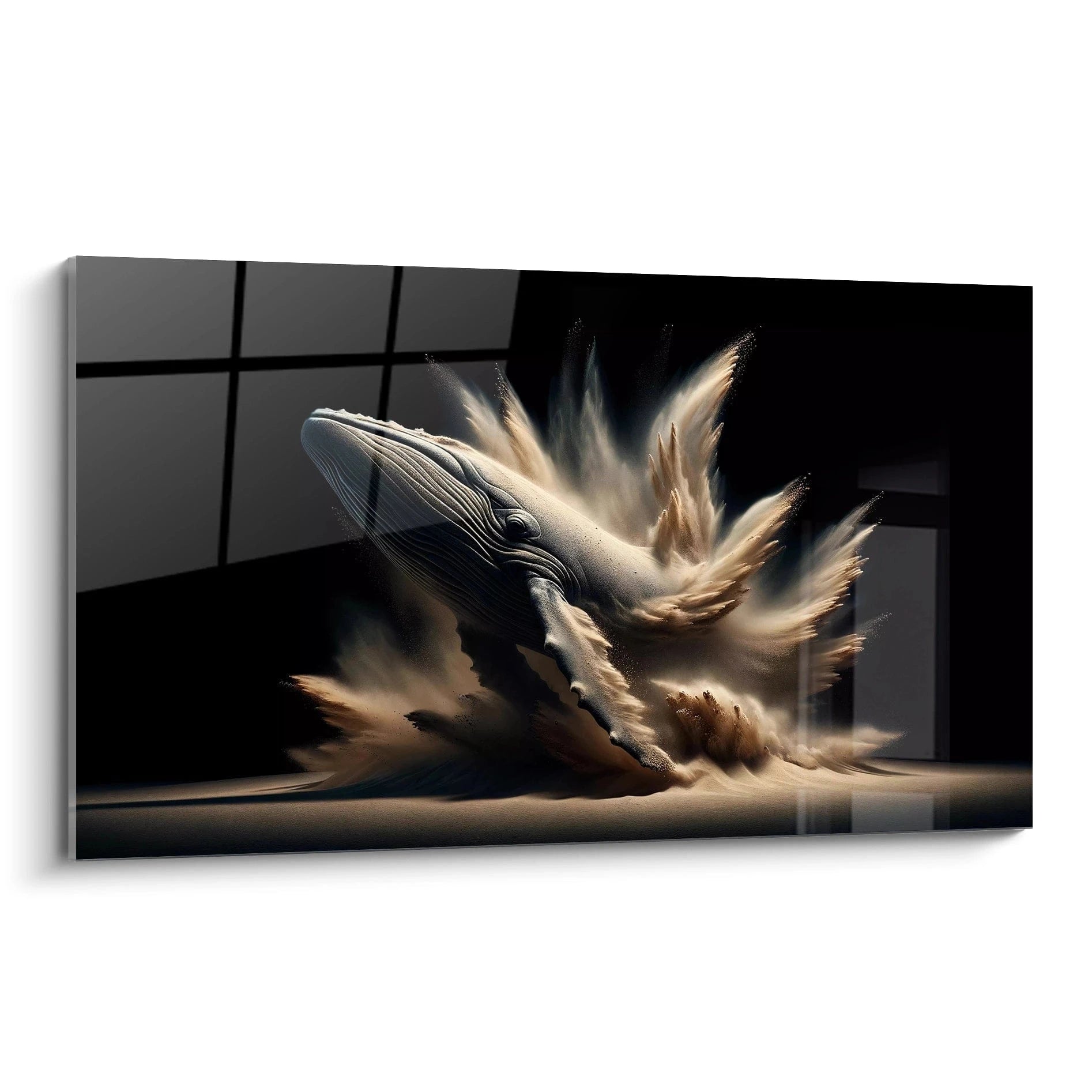 Un tableau artistique abstrait montrant une baleine stylisée entourée d'éclats beige et blanc, sur un fond sombre avec des textures fluides et dynamiques.