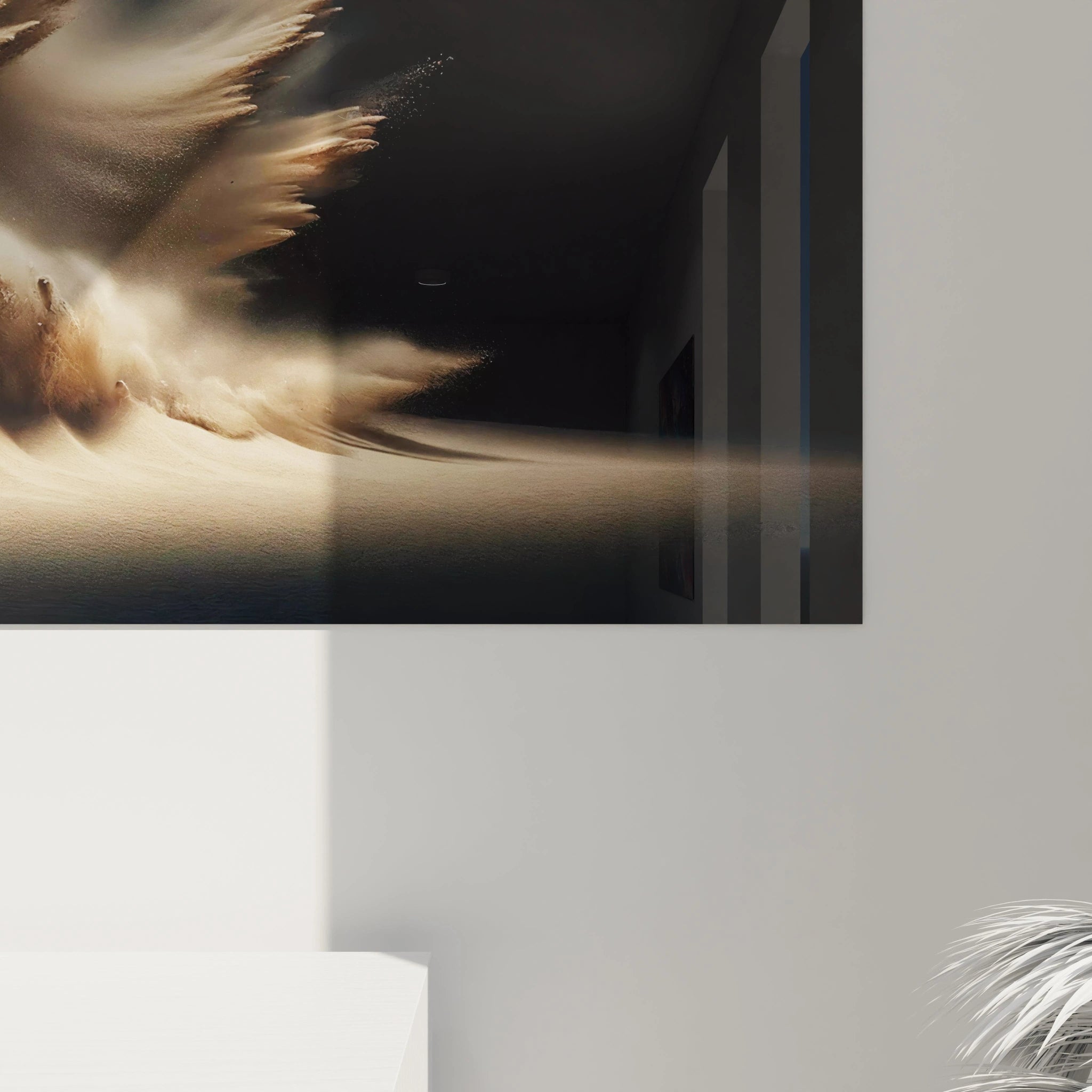 Un tableau artistique abstrait centré sur une baleine, mêlant des couleurs noir, beige et blanc, et des textures visuelles éclatées évoquant un effet de dispersion.