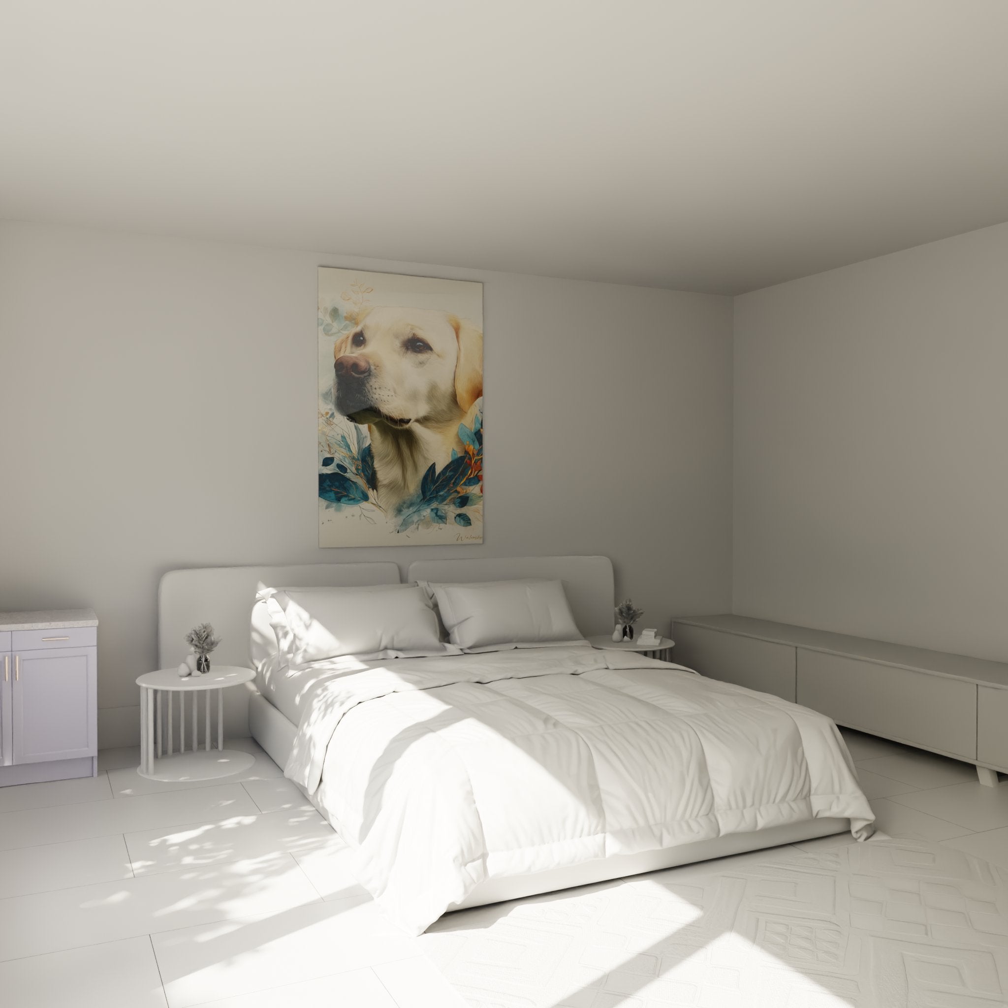 Tableau labrador aquarelle dans chambre moderne murs beiges mobilier bois clair décoration murale chaleureuse