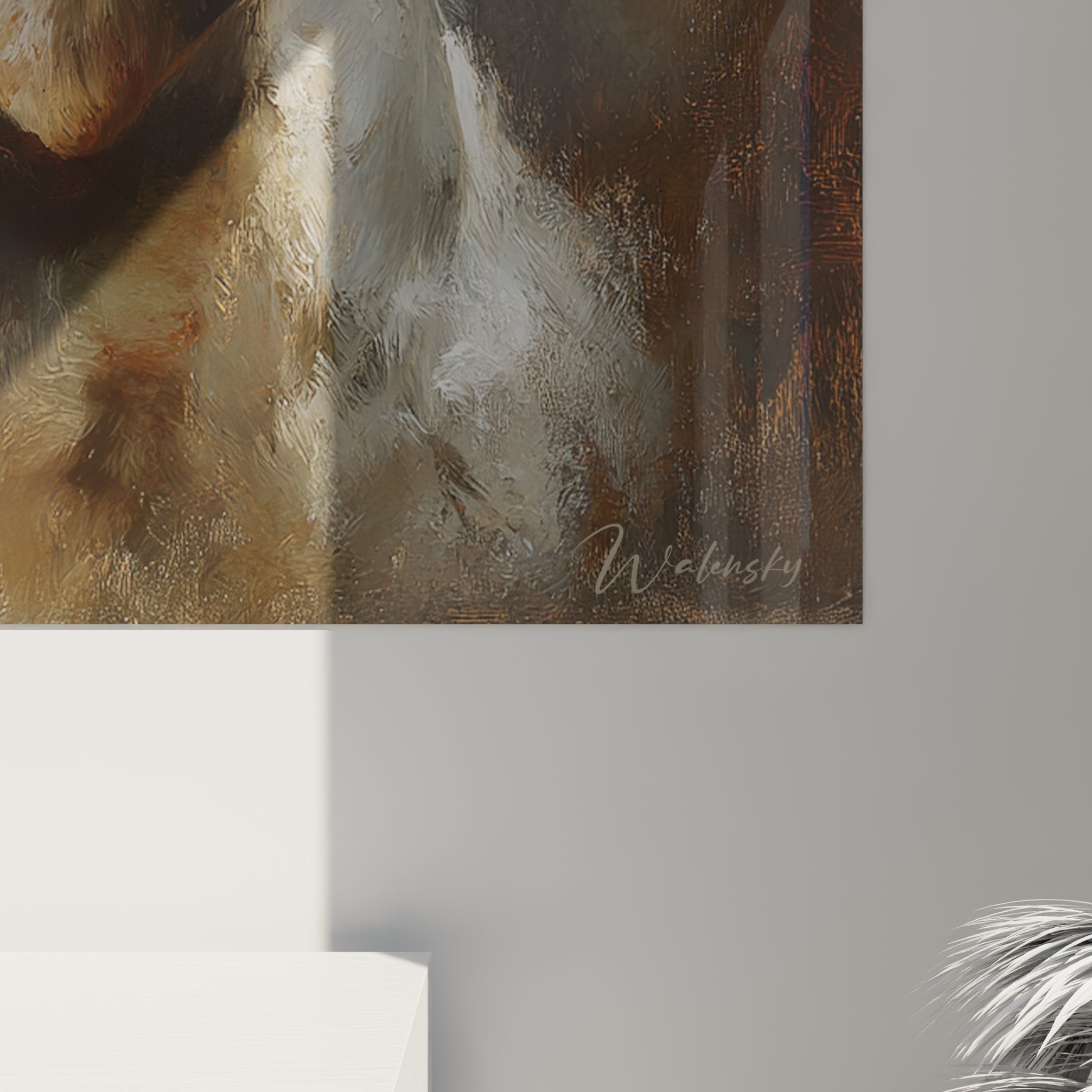 Full view labrador retriever wall art in contemporary living room with light walls warm home decor