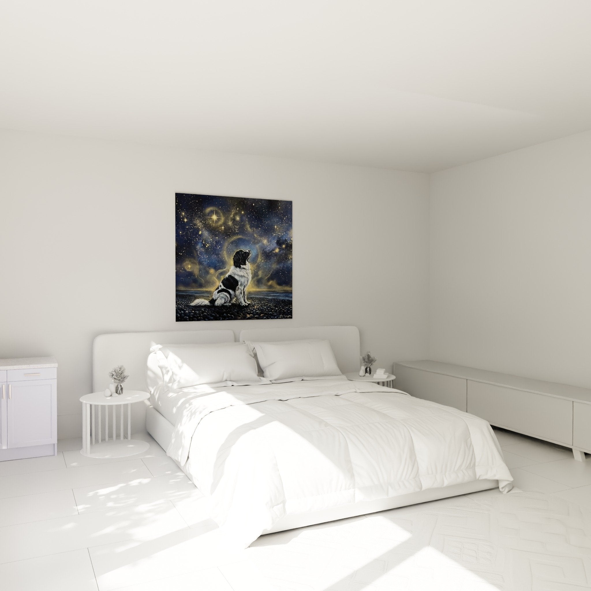 Tableau Landseer regardant etoiles decoration chambre ambiance nocturne apaisante bleu dore