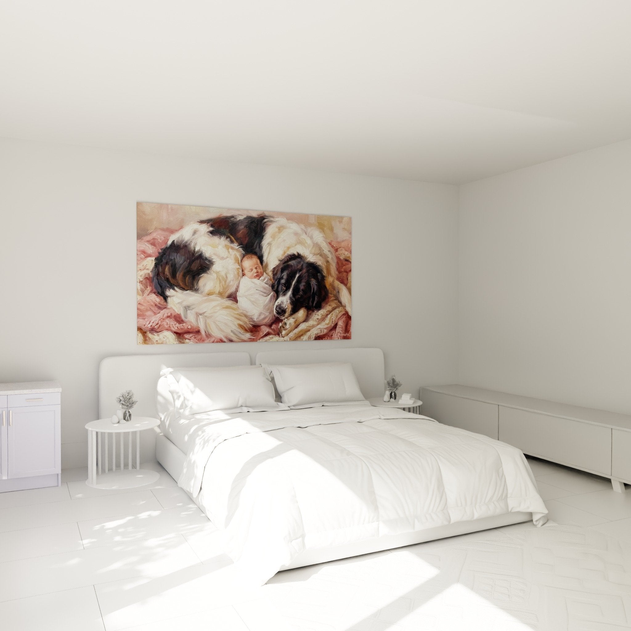 Landseer painting protector and baby soft pink tones decorating master bedroom gentle cocooning ambiance