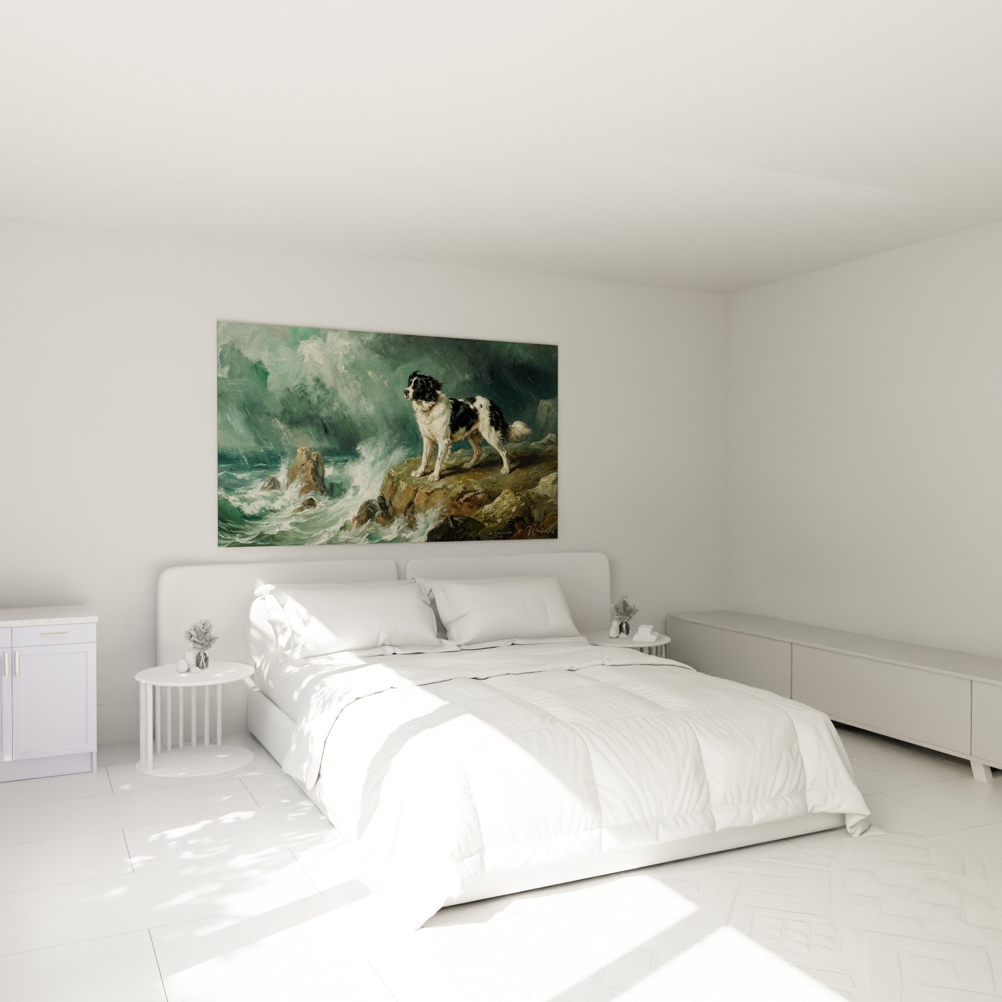 Landseer seascape storm painting in bedroom with light walls - Elegant maritime wall art decoration