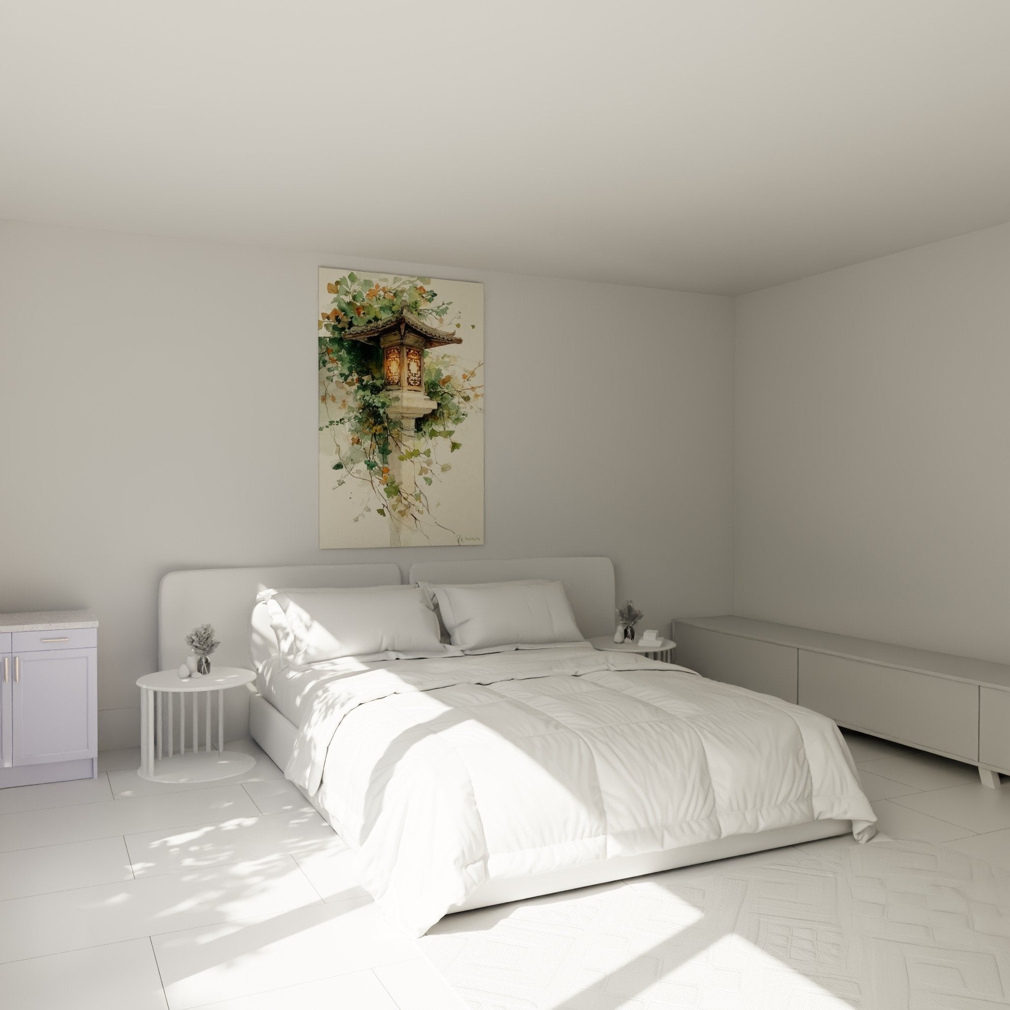 Oriental lantern wall art in modern bedroom with light walls zen decoration watercolor autumn foliage beige green