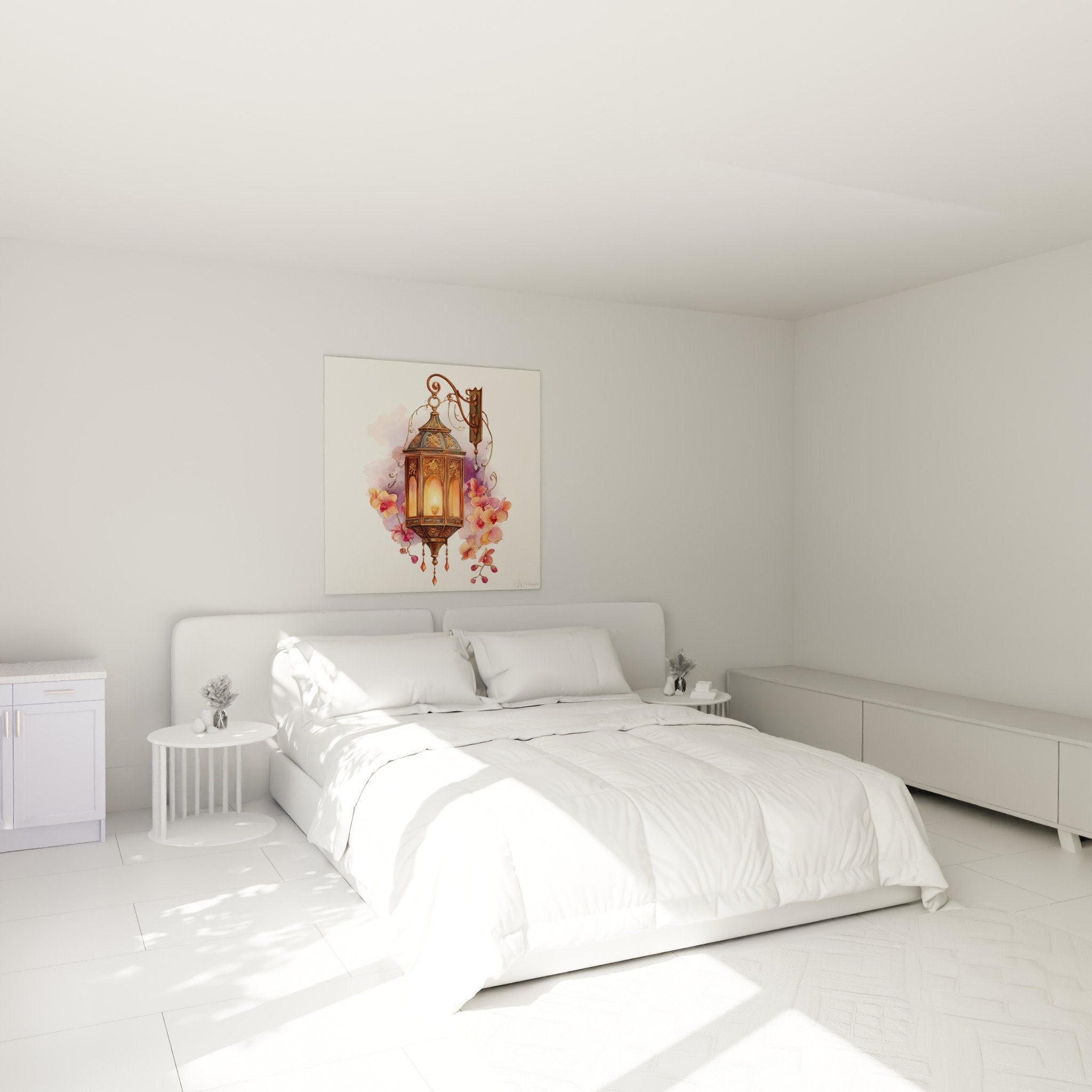 tableau lanterne orientale bronze dans chambre moderne decoration murale orchidees