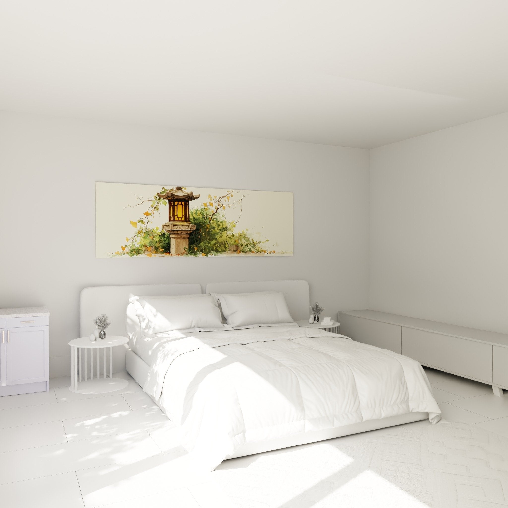 Tableau lanterne japonaise dans chambre decoration zen ambiance apaisante tons chauds automne