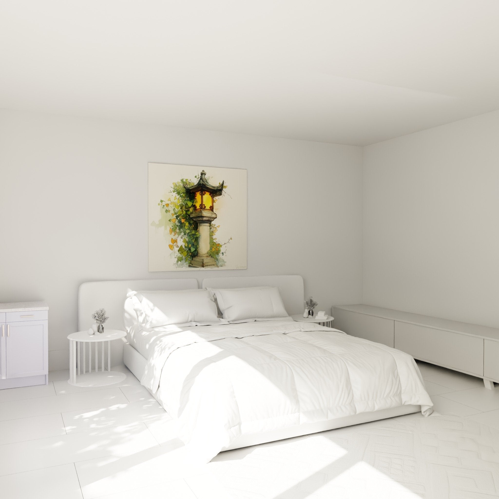 Luminous lantern wall art with lush vegetation bedroom white wall soothing decor warm tones