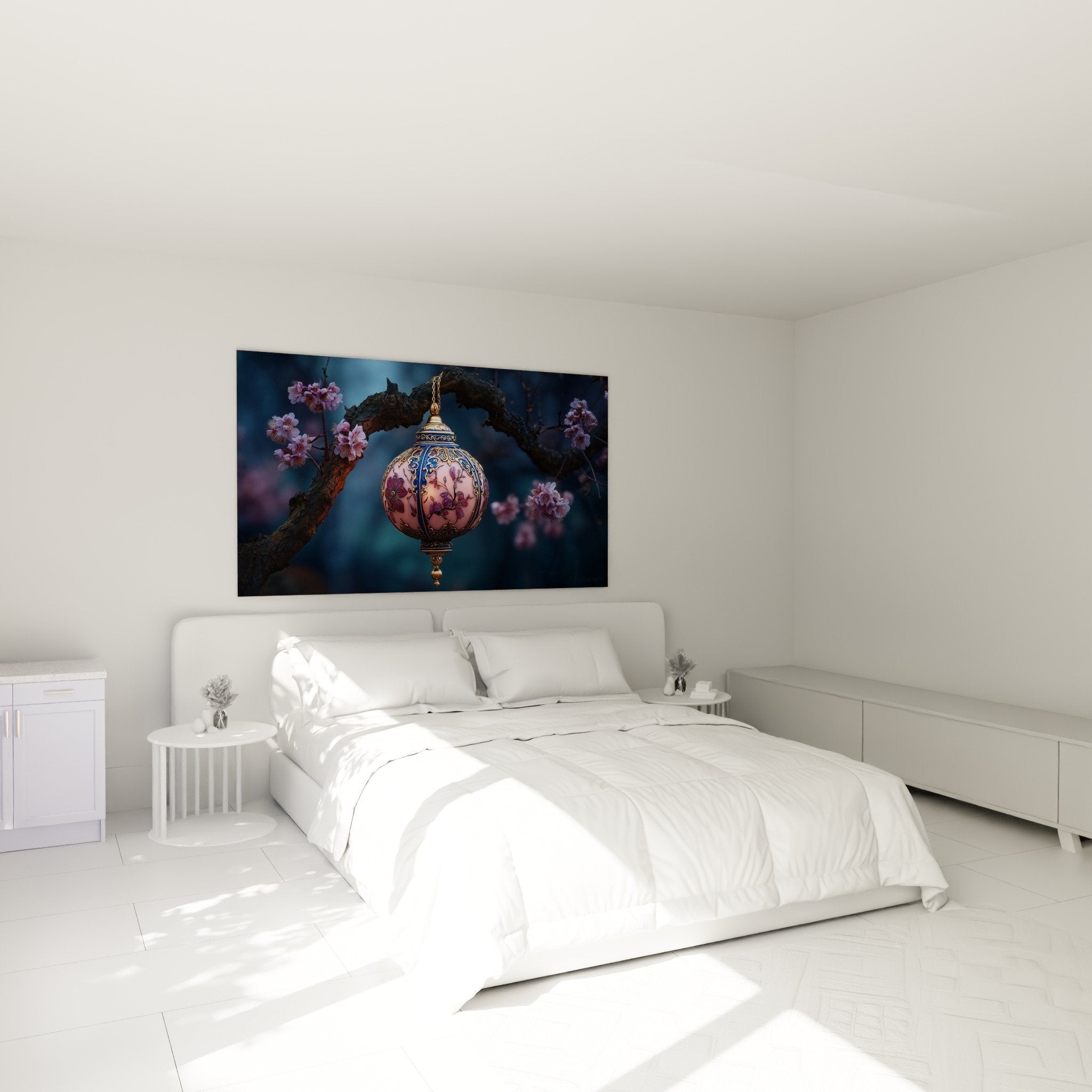 Tableau lanterne orientale rose bleue chambre decoration murale ambiance zen japonaise cerisier fleurs