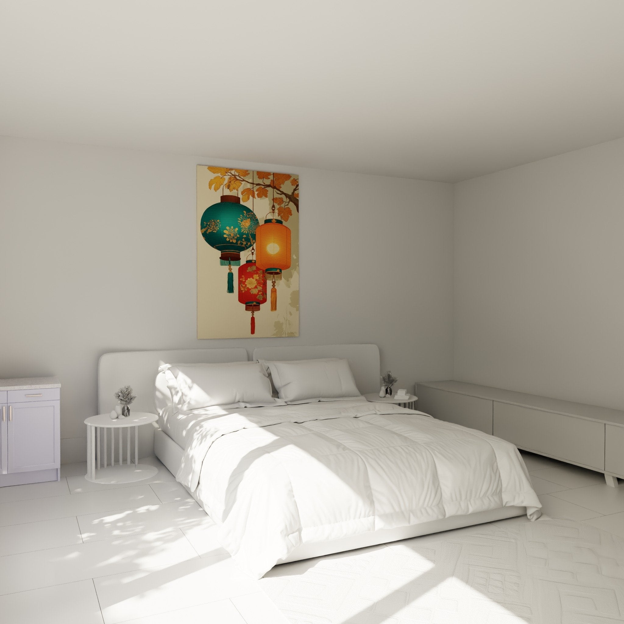 Dekorative chinesische Laternen im Schlafzimmer mit Zen-Atmosphäre in Türkis- und Orangetönen Wanddekoration
