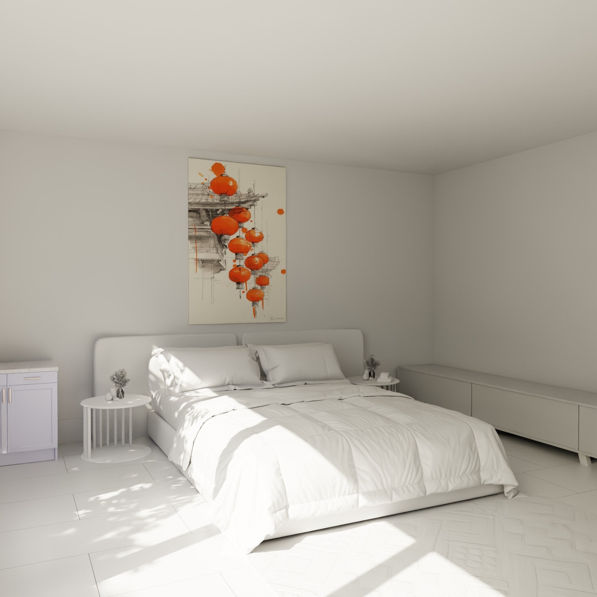 Oriental red lanterns wall decoration white wall bedroom Asian zen atmosphere