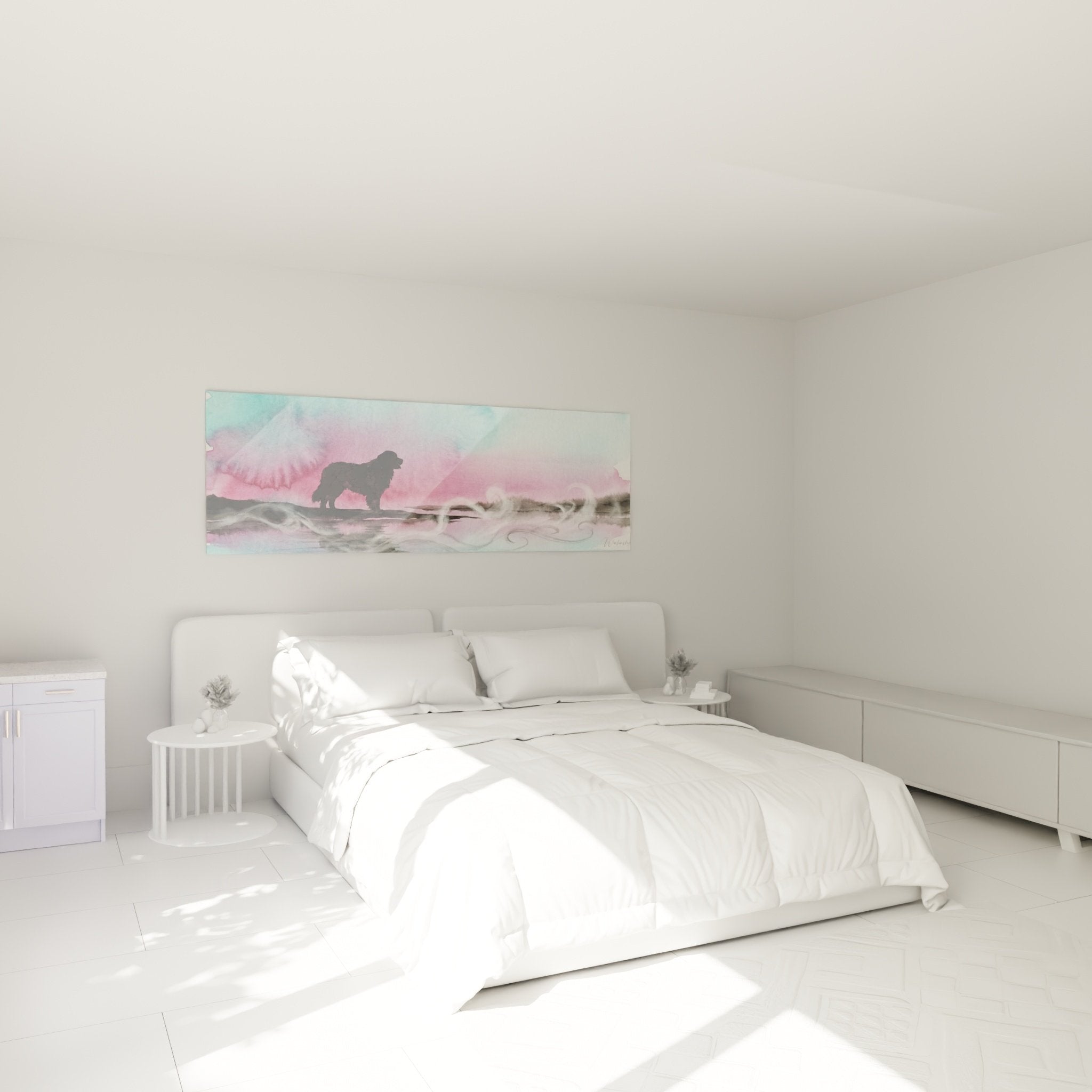 Tableau Leonberg aquarelle rose turquoise accroché au-dessus lit chambre déco pastel apaisante