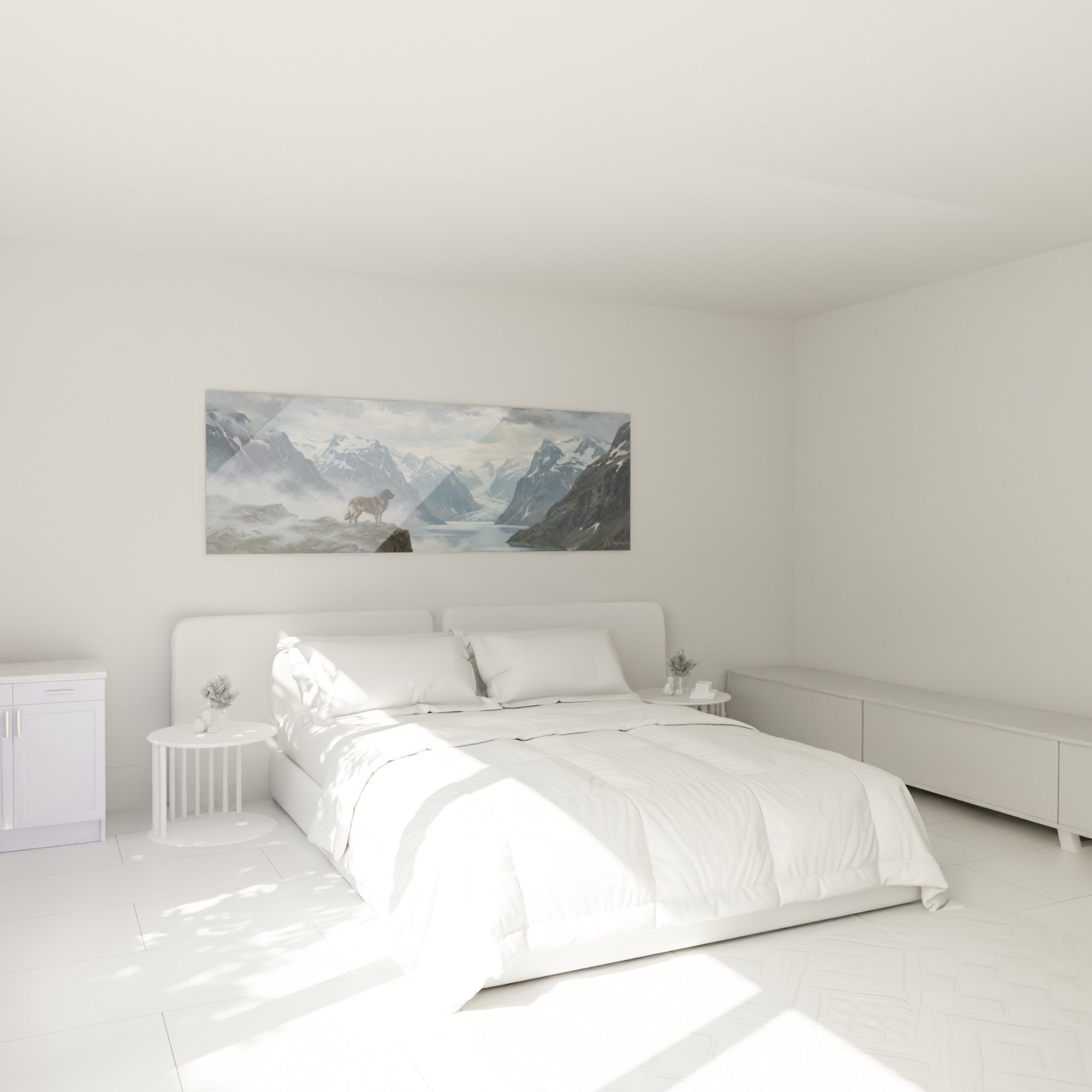 Leonberg Nordic fjord wall art in modern bedroom - soothing blue tones wall decoration