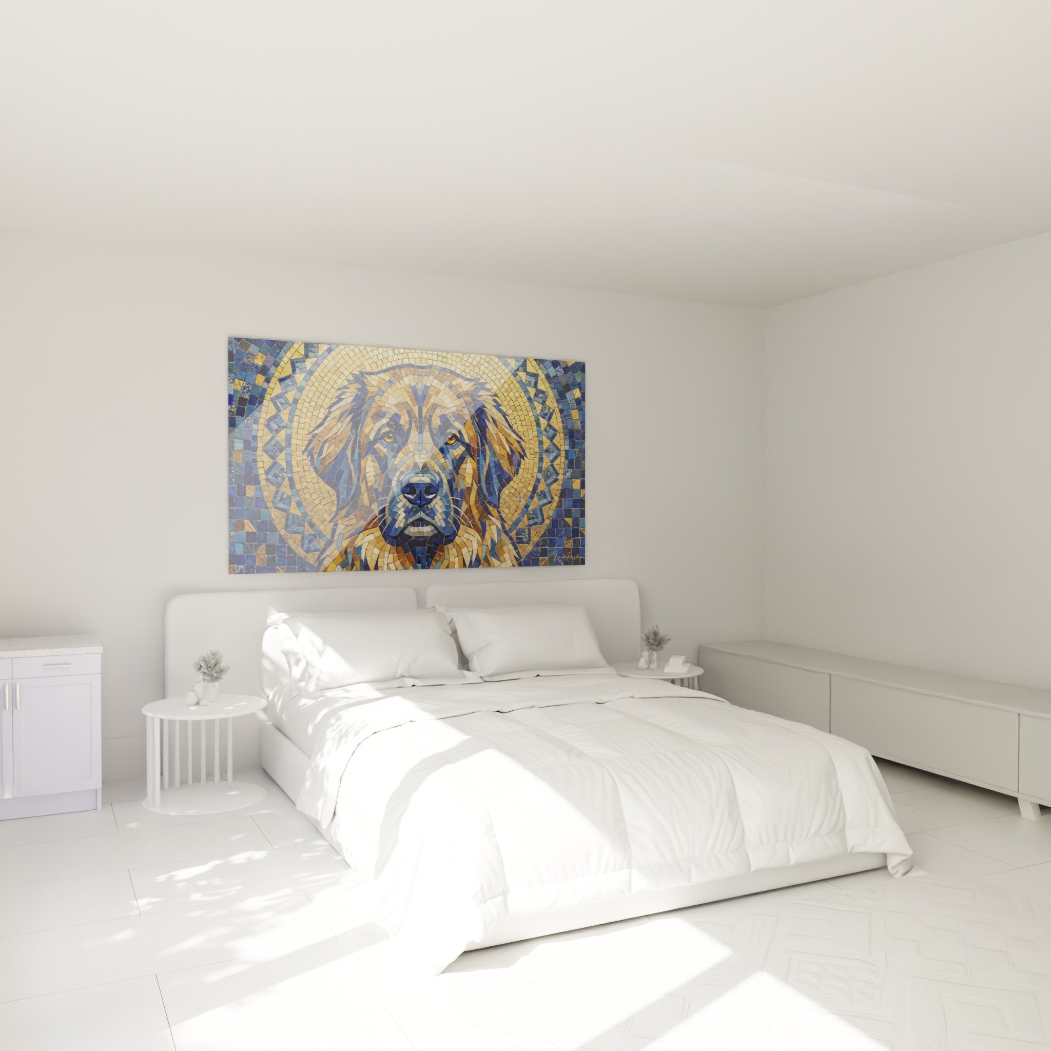 Mosaique Leonberg chambre decoration murale chien dore bleu ambiance chaleureuse