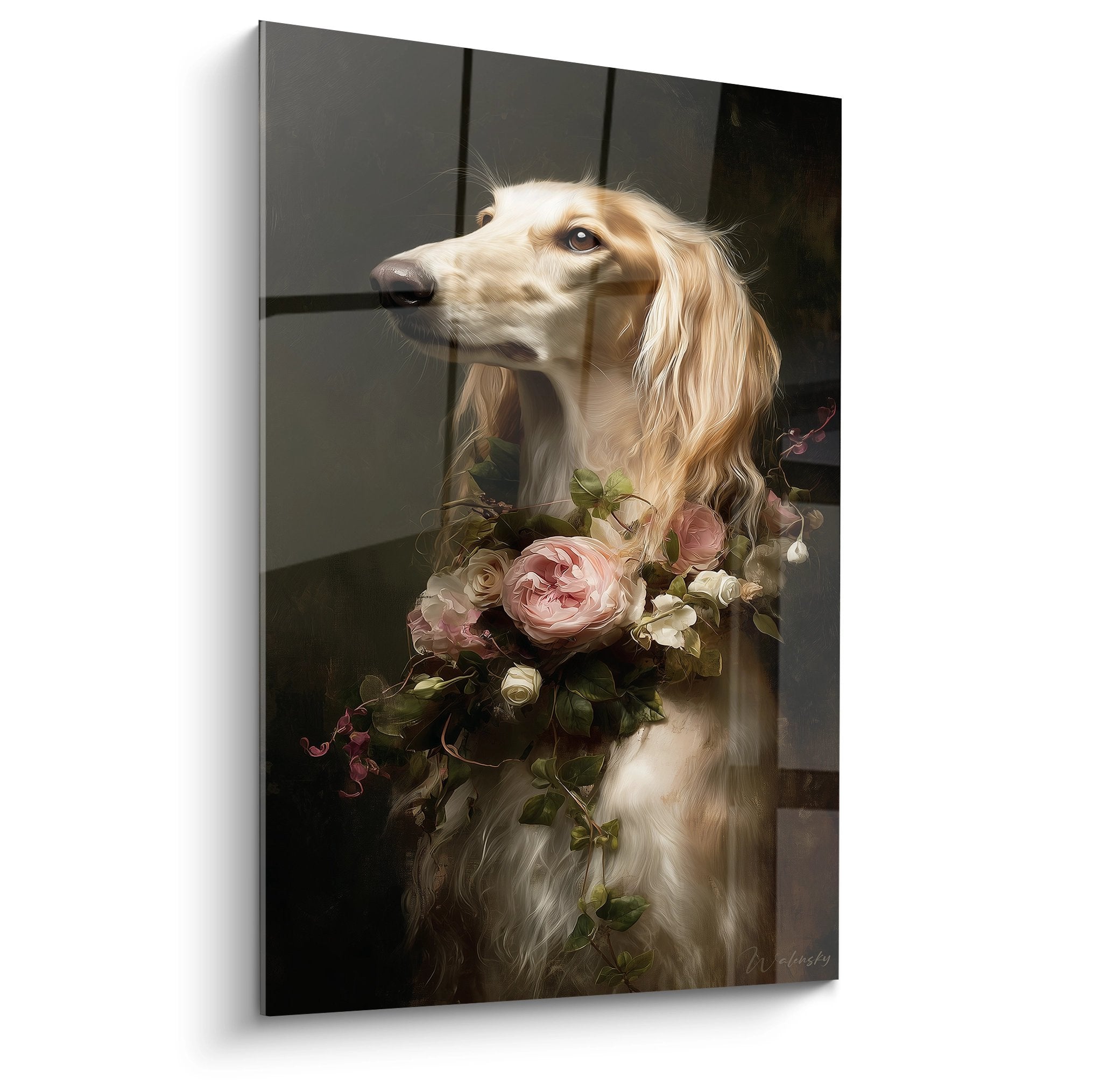 Portrait aristocratique de Lévrier Afghan orné de roses roses sur fond gris - Style romantique