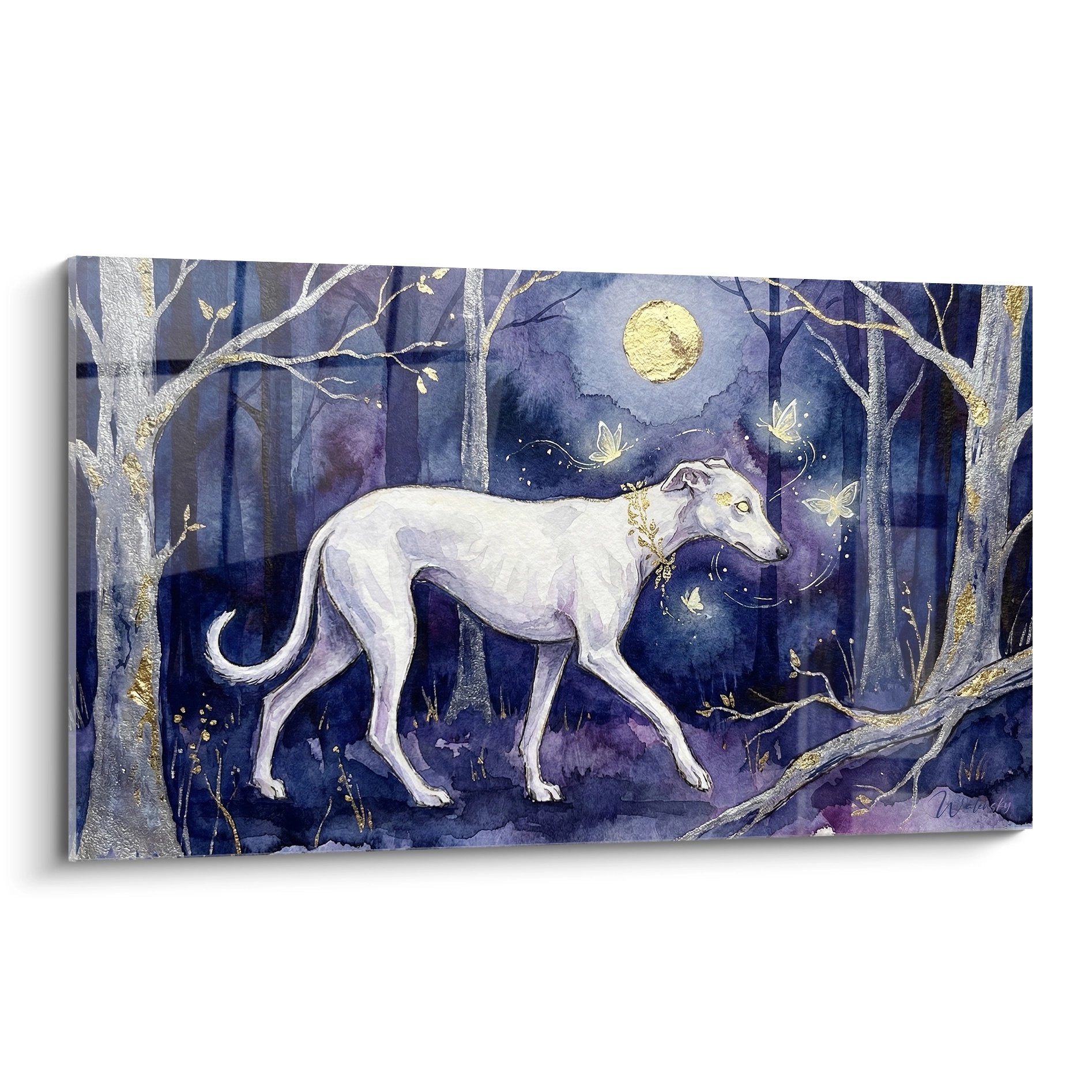 Tableau lévrier greyhound blanc dans forêt nocturne violette avec lune dorée et papillons magiques