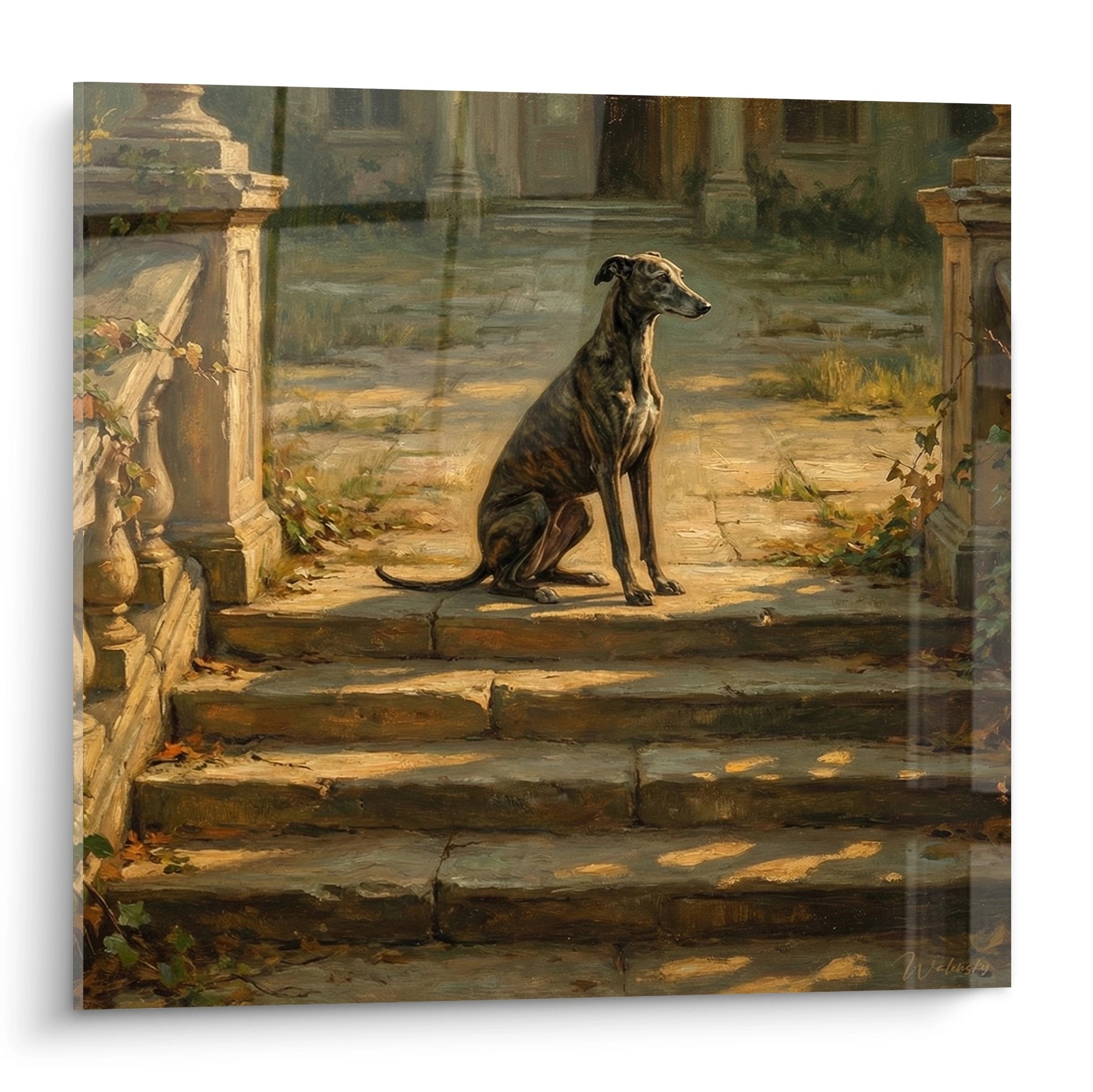 Brindle greyhound sitting on ancient stone stairs with classic columns