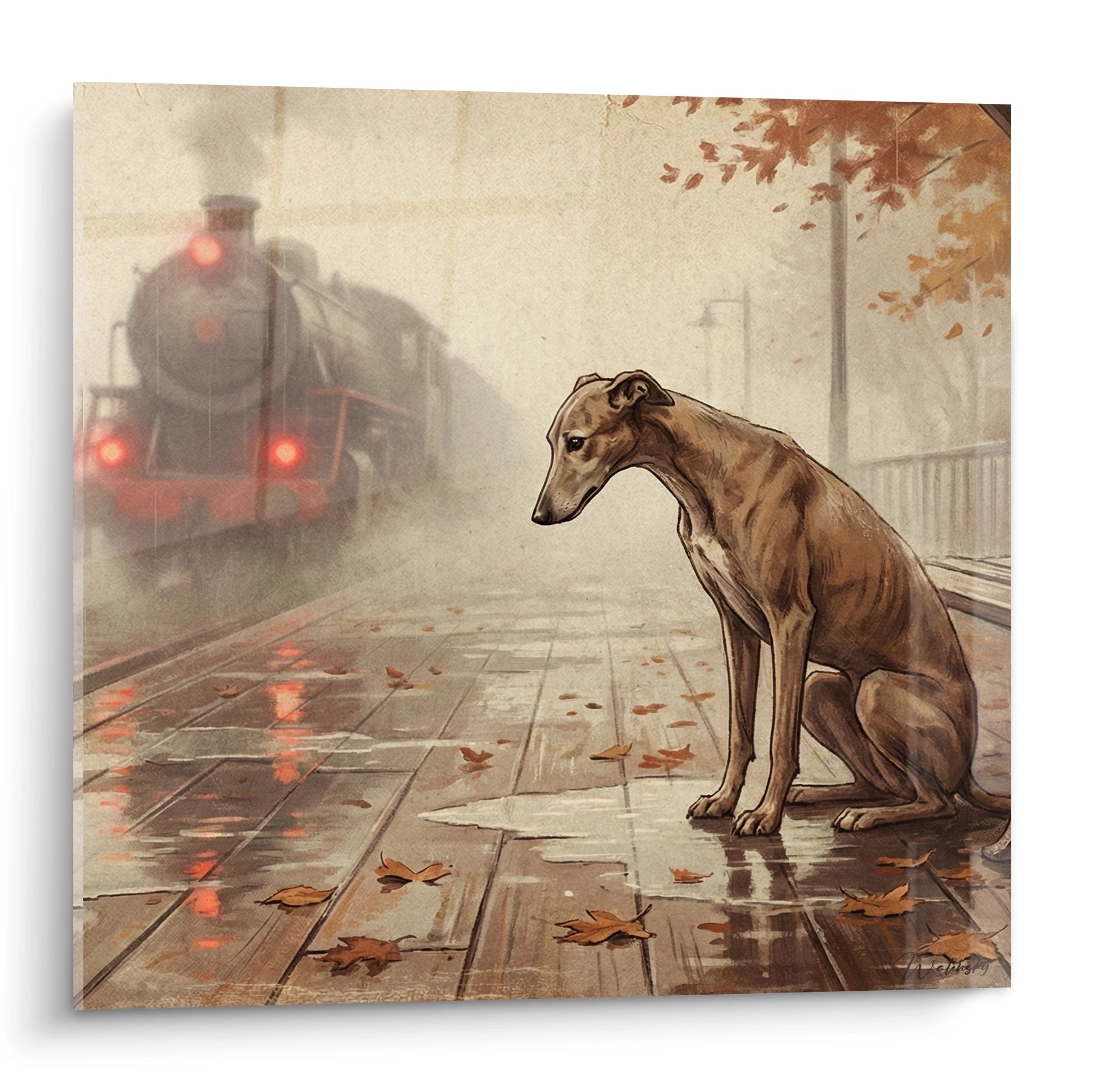 Lévrier greyhound brun assis sur quai de gare brumeux avec train en arrière-plan et feuilles d'automne