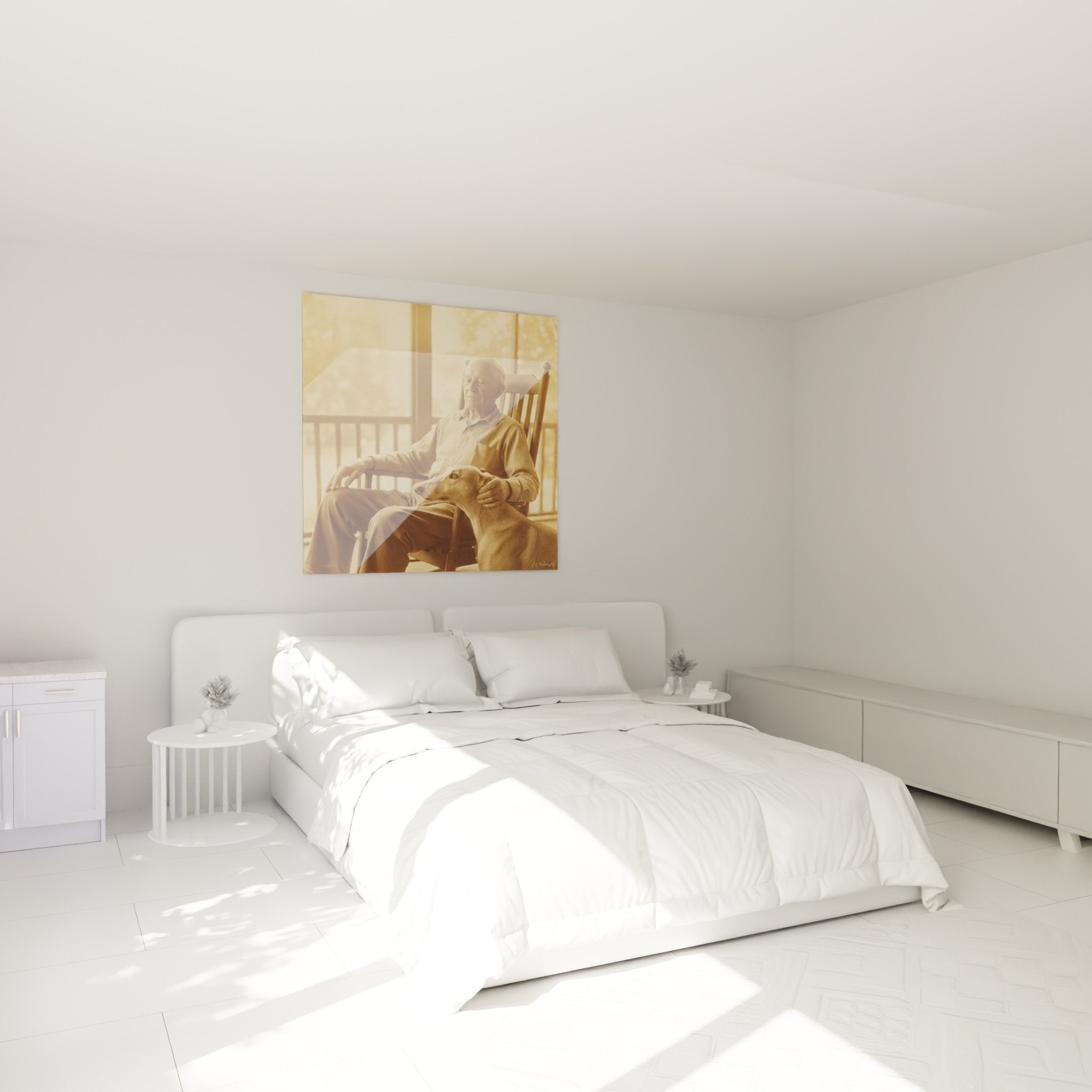 Tableau Lévrier Greyhound tons sépia dans chambre moderne avec déco beige et mobilier bois naturel
