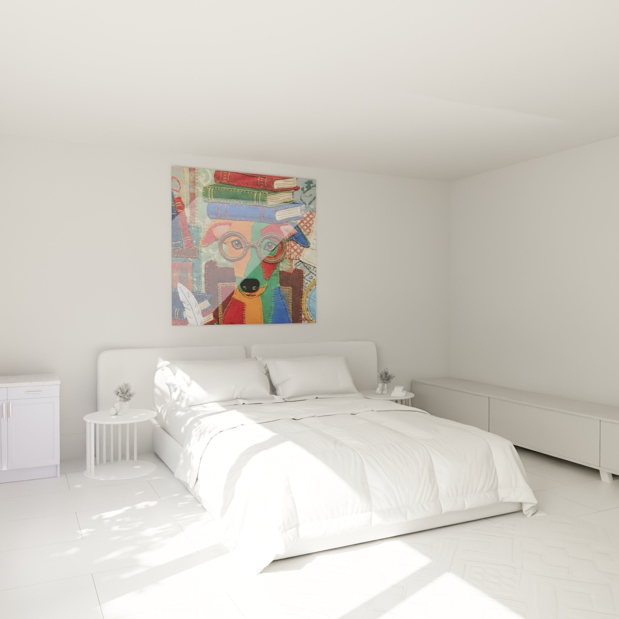 Greyhound wearing glasses in patchwork textile art installed in a modern bedroom with neutral tones