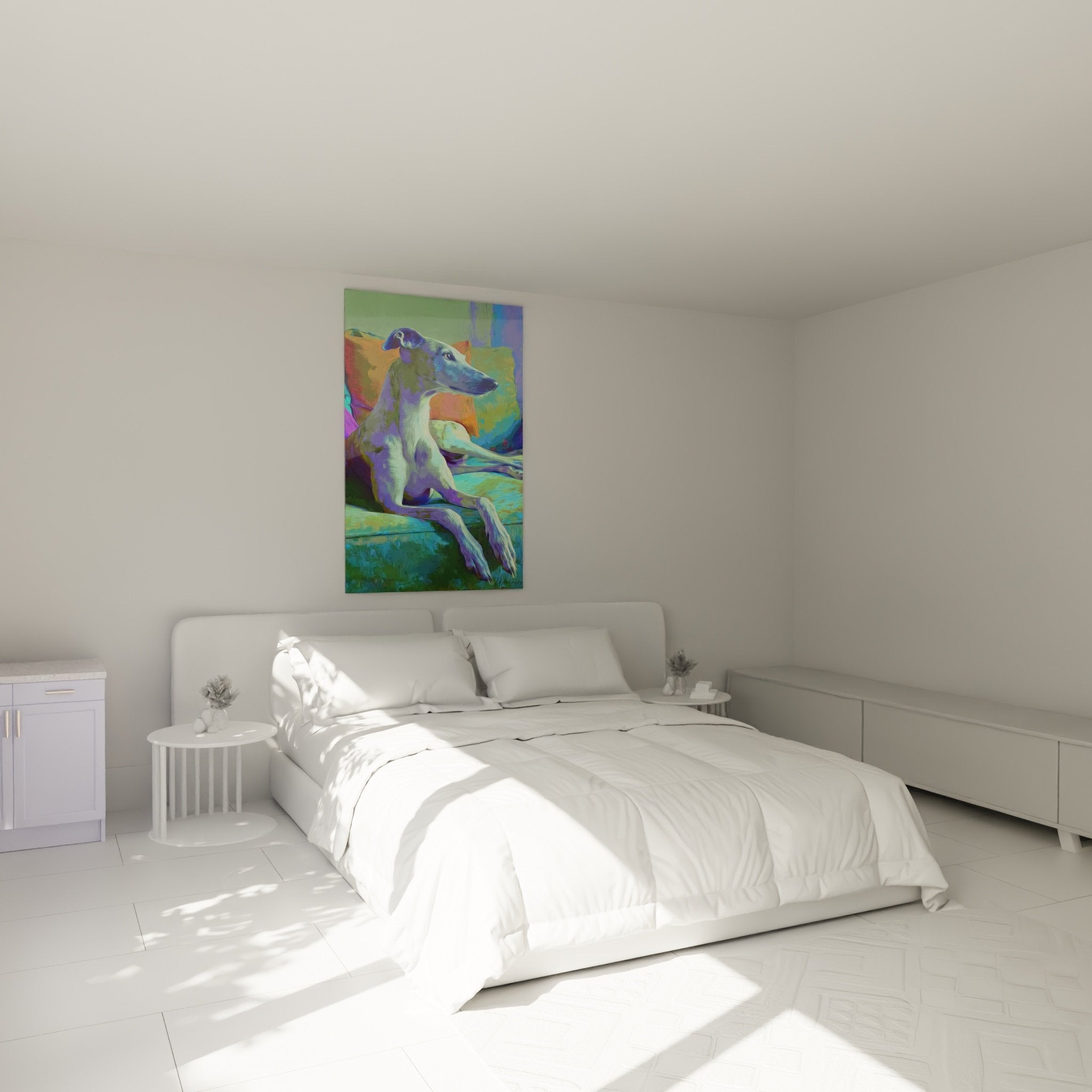 Portrait coloré de Lévrier Whippet accroché au mur d'une chambre moderne aux tons neutres