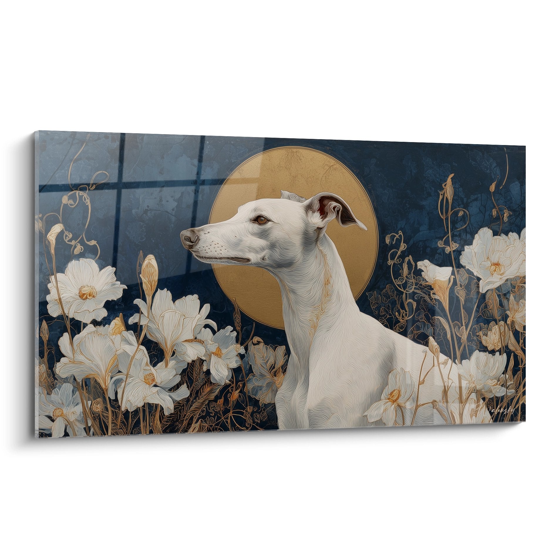 Lévrier whippet blanc avec auréole dorée entouré de lys blancs sur fond bleu profond