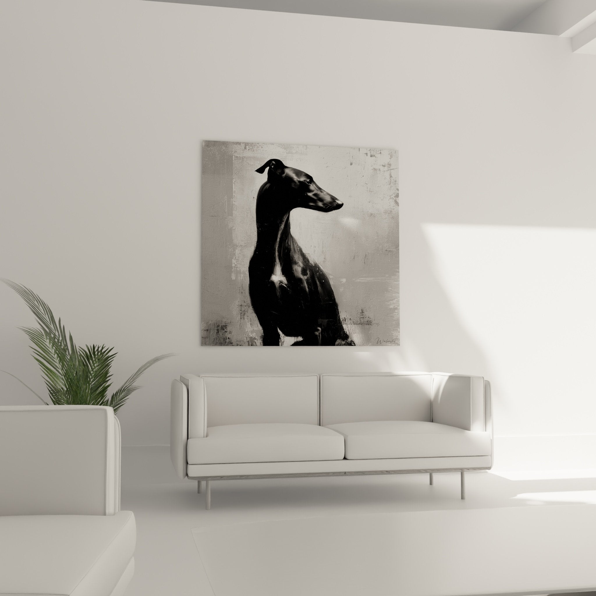 Détail portrait Lévrier Whippet noir, texture pelage réaliste et arrière-plan peint artistique gris