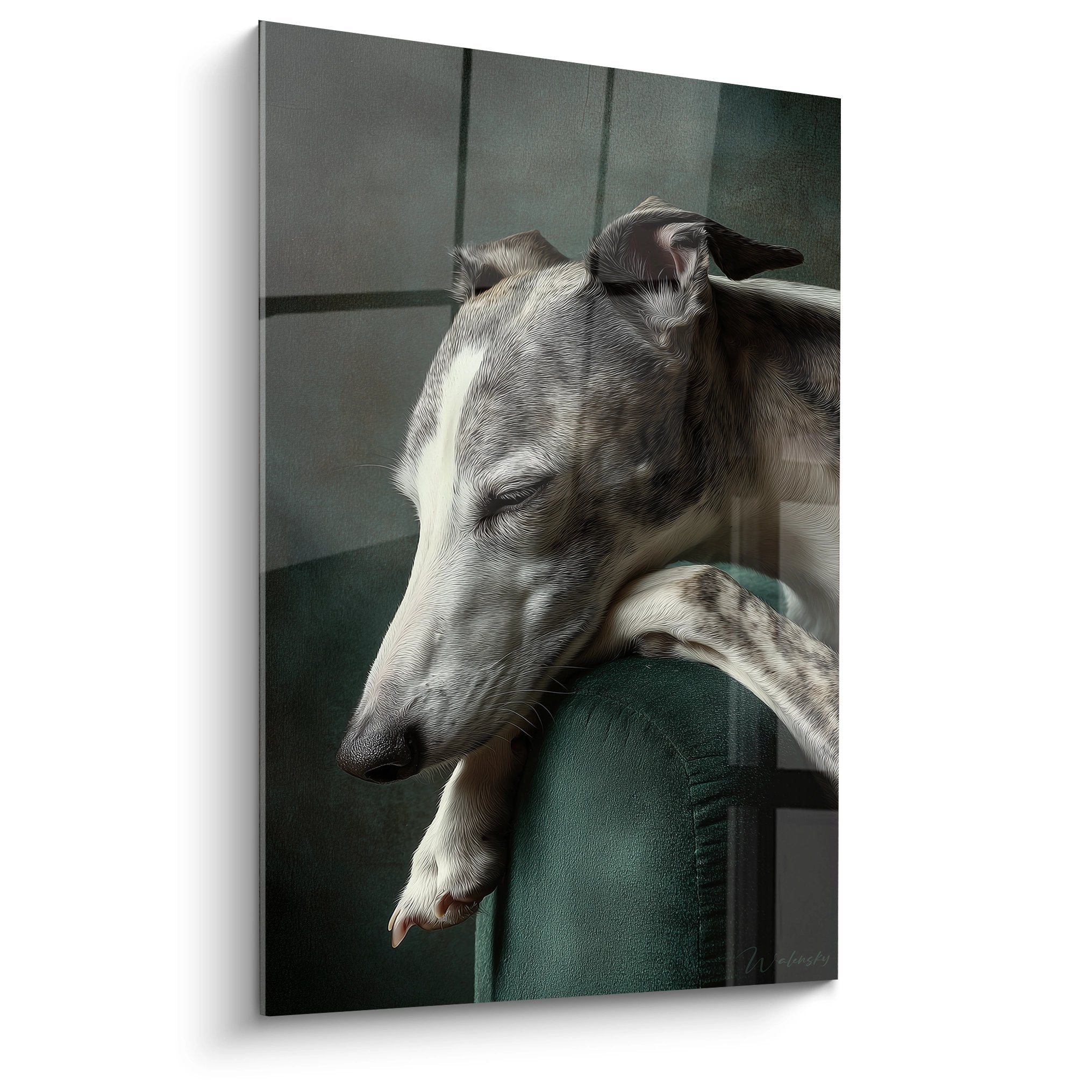 Grauer und weißer Whippet-Windhund schläft friedlich in einem smaragdgrünen Sessel in modernem Interieur
