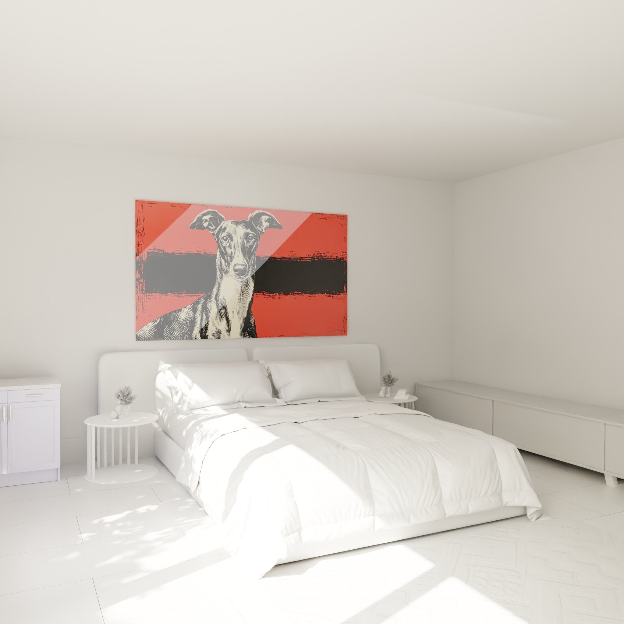 Tableau levrier whippet pop art rouge accroche au mur chambre decoration murale moderne canine