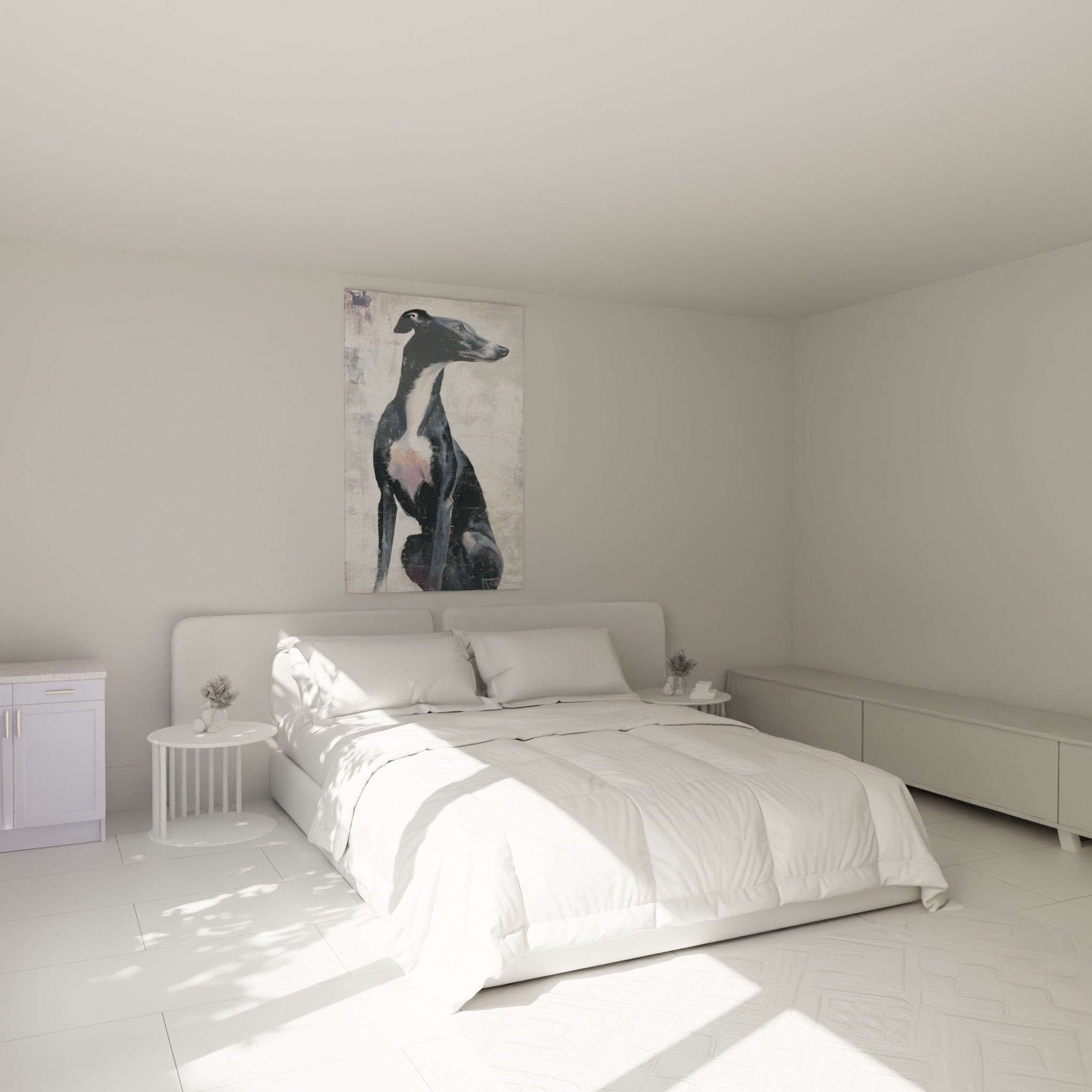 Tableau lévrier whippet noir blanc dans chambre moderne murs gris mobilier épuré