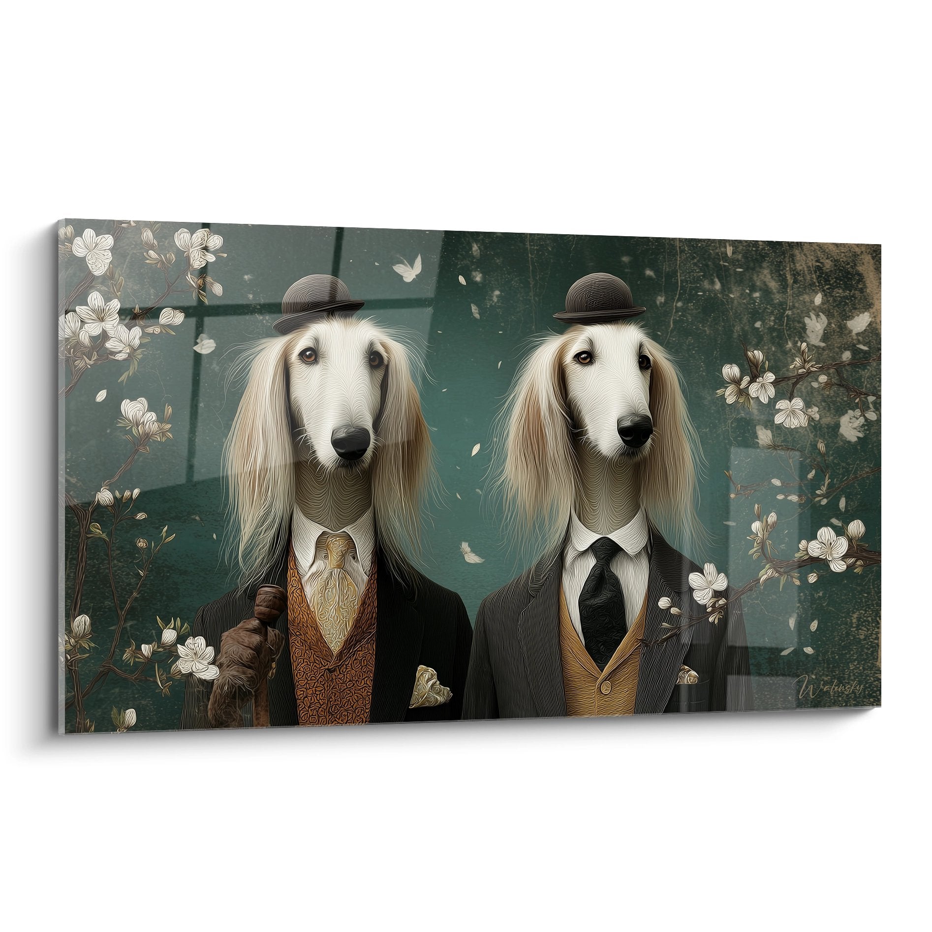 Deux Levriers Afghans en costumes victoriens avec chapeaux melon sur fond vert avec fleurs de cerisier