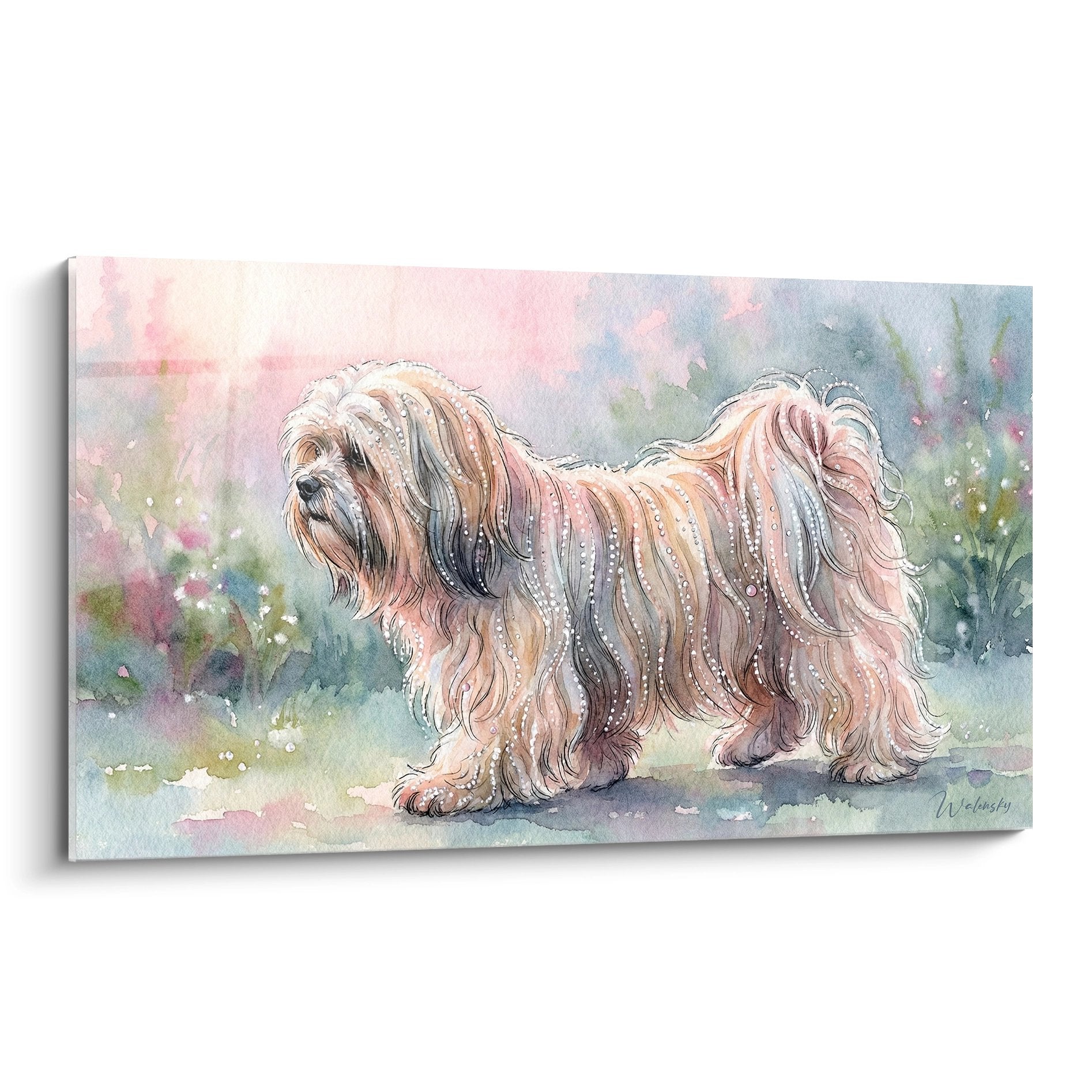 Aquarelle Lhassa Apso tons pastel rose bleu jardin fleuri art canin poétique