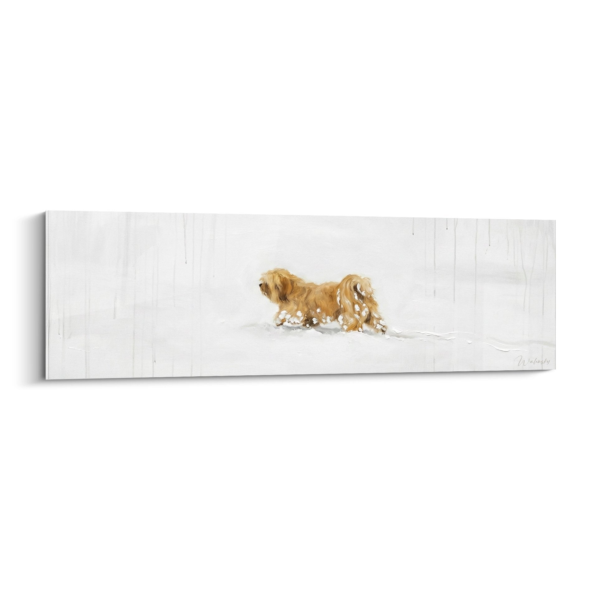 Lhassa Apso doré courant joyeusement dans neige blanche immaculée tableau mural format panoramique