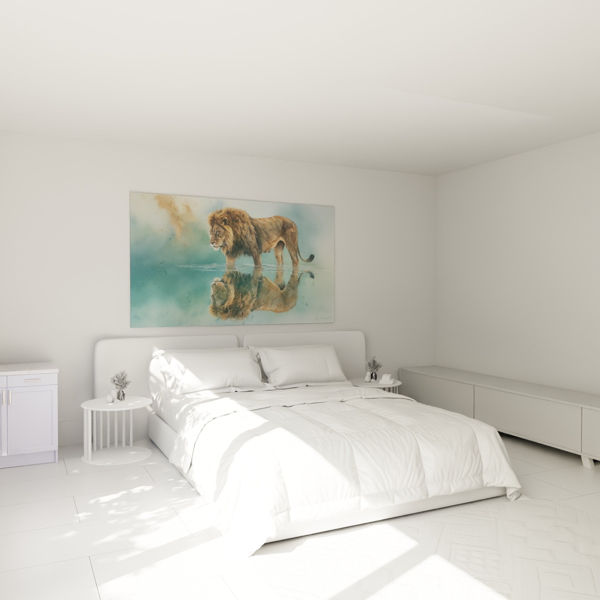 Tableau lion contemplatif eau cristalline decoration murale chambre ambiance zen