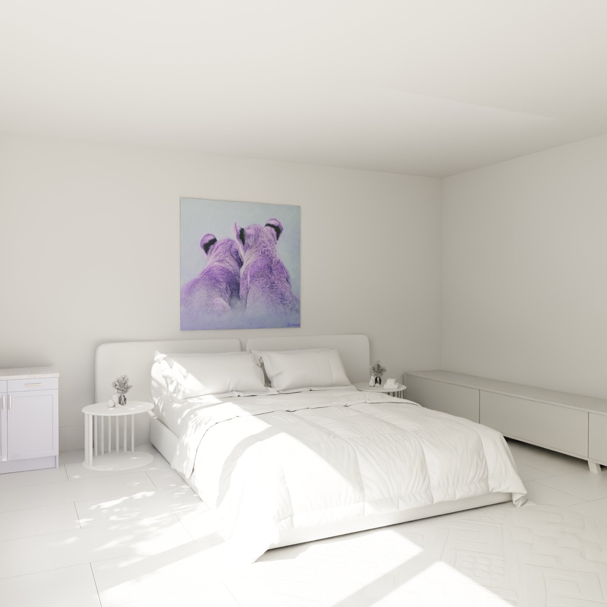Tableau lions violets dans chambre moderne mur blanc decoration murale artistique contemporaine