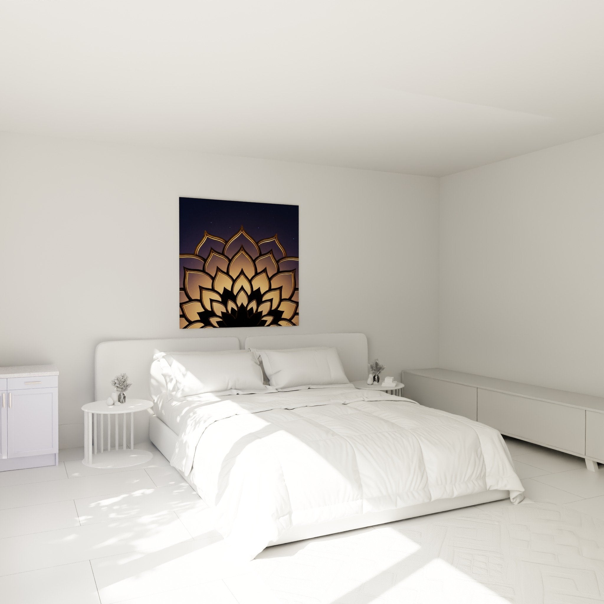 Tableau lotus mandala doré dans chambre moderne avec murs clairs et décoration zen apaisante