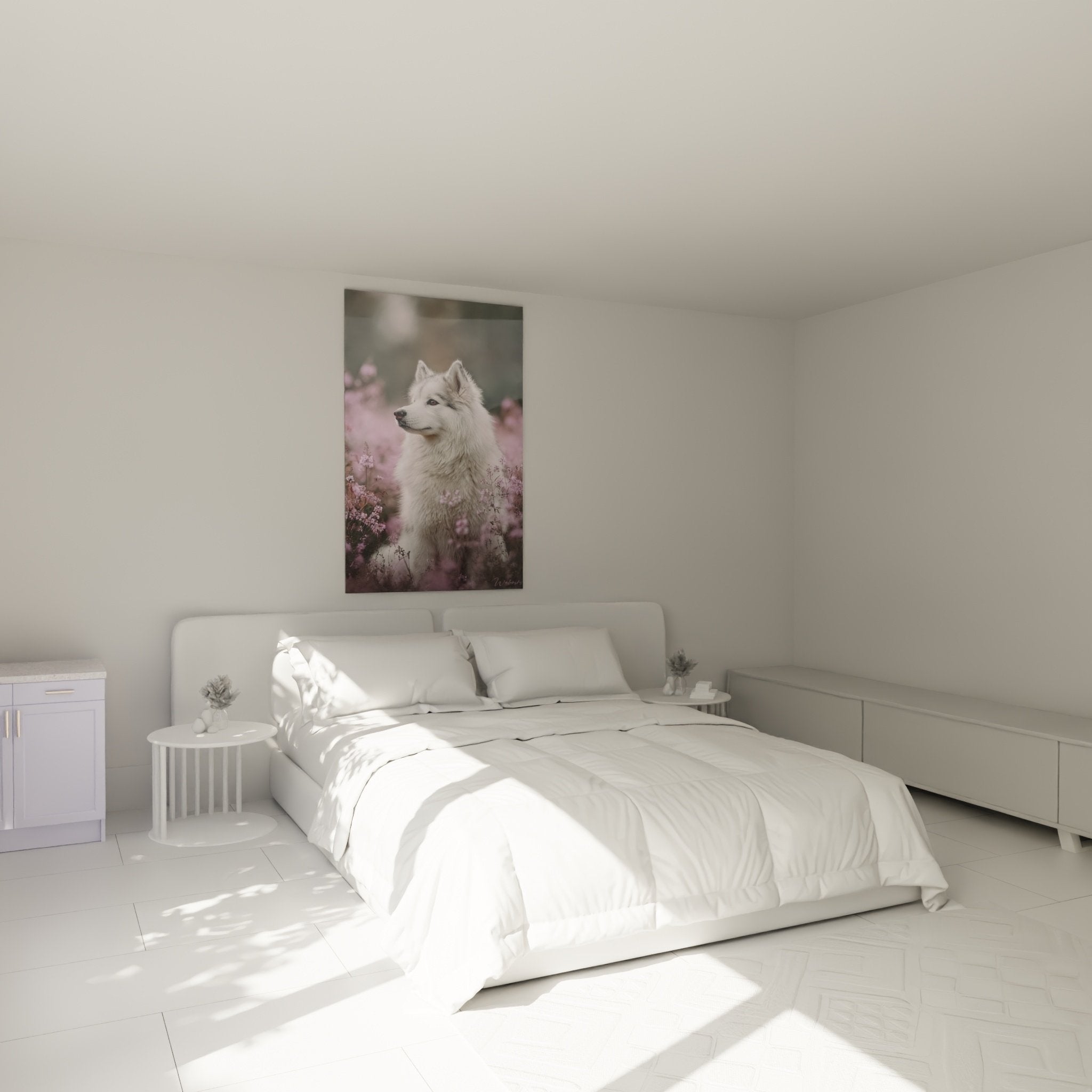 Tableau Malamute Alaska chambre decoration murale portrait chien nordique bruyeres roses ambiance douce