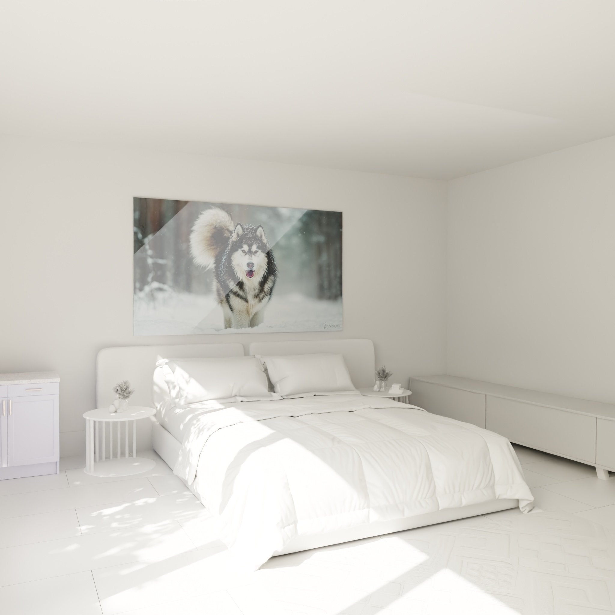 Tableau Malamute Alaska course hivernale decore au dessus du lit dans chambre style nordique