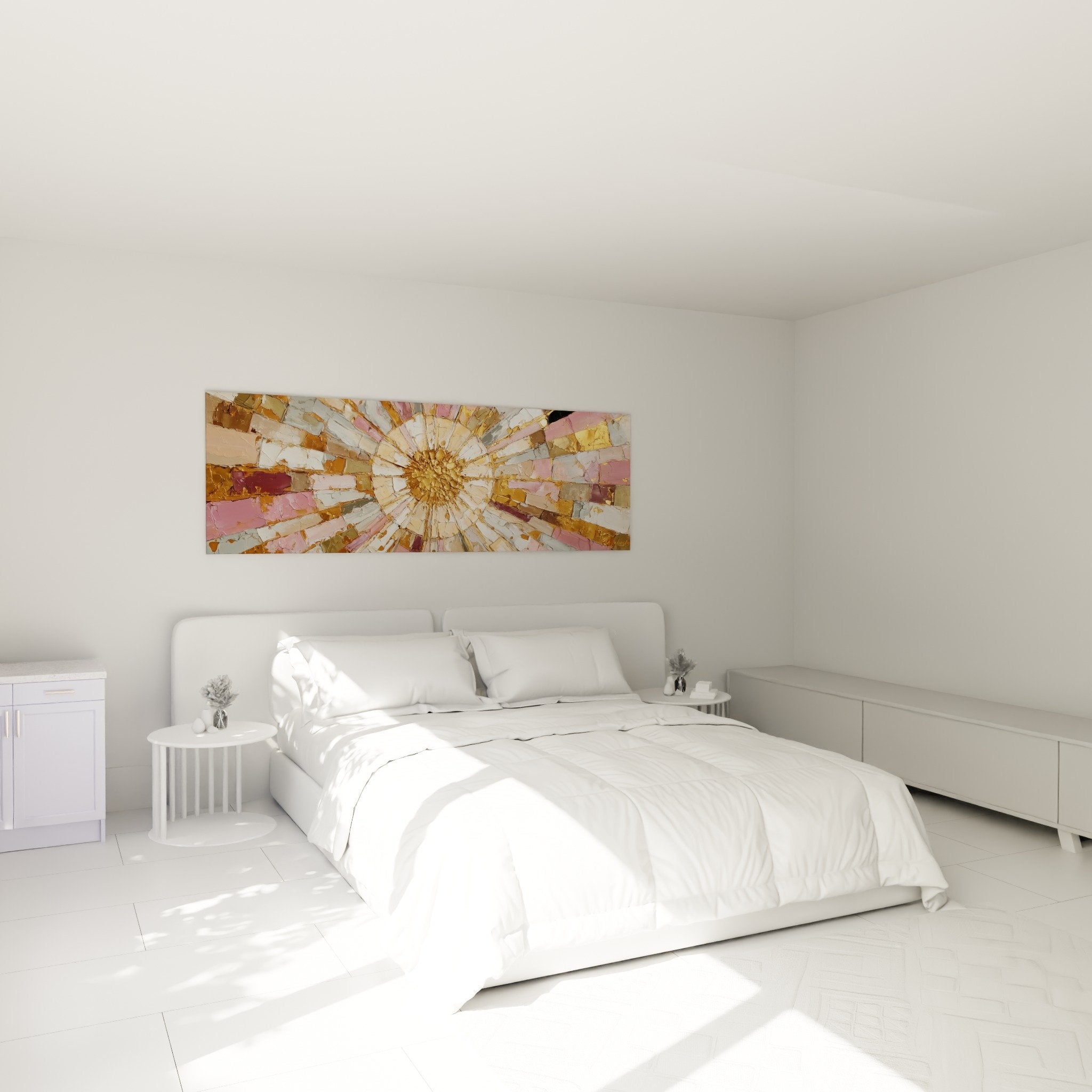 Golden and pink mandala in master bedroom with zen and warm feng shui atmosphere