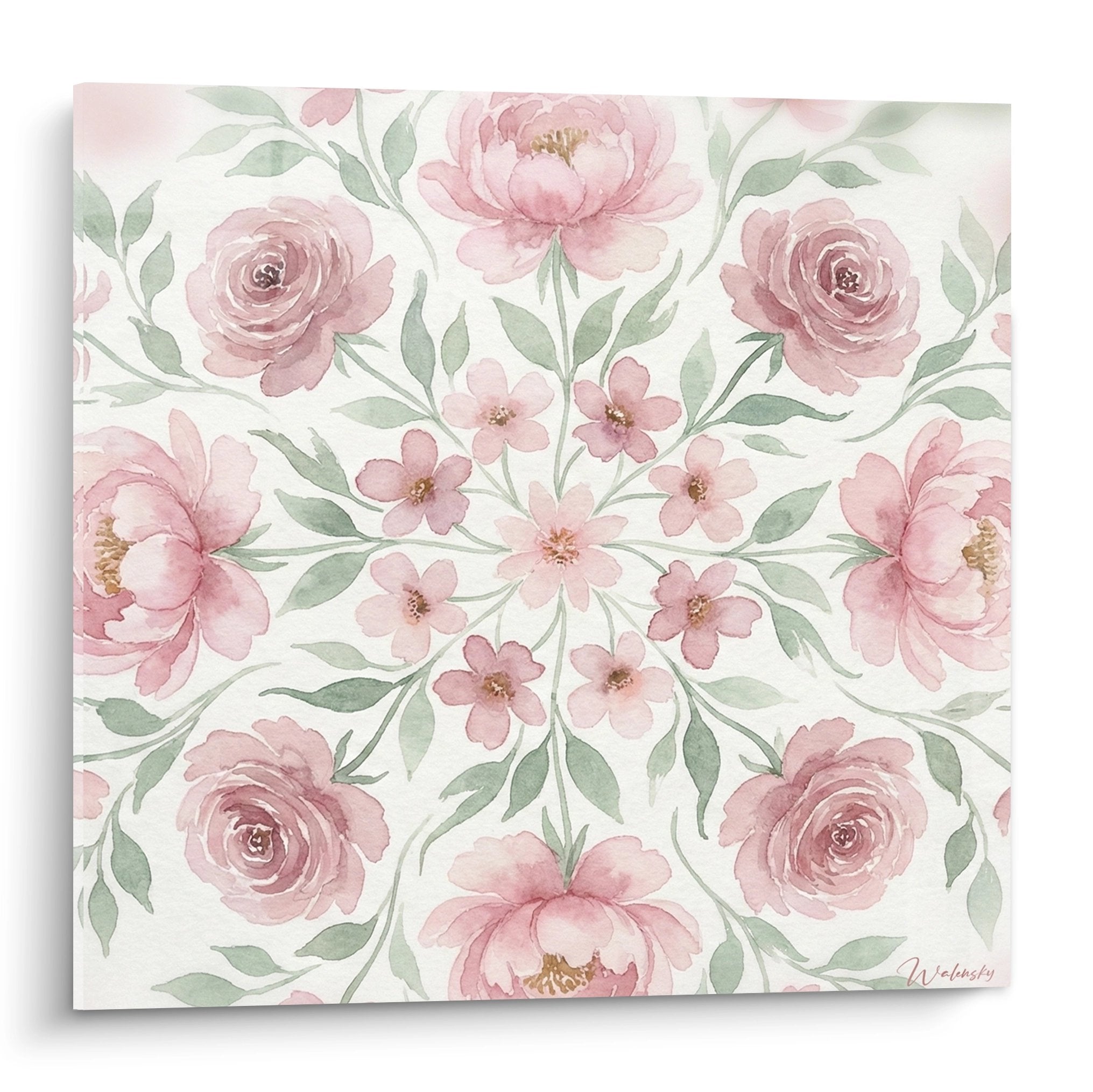 Tableau mandala floral rose poudre et vert sage motif circulaire aquarelle decoration zen