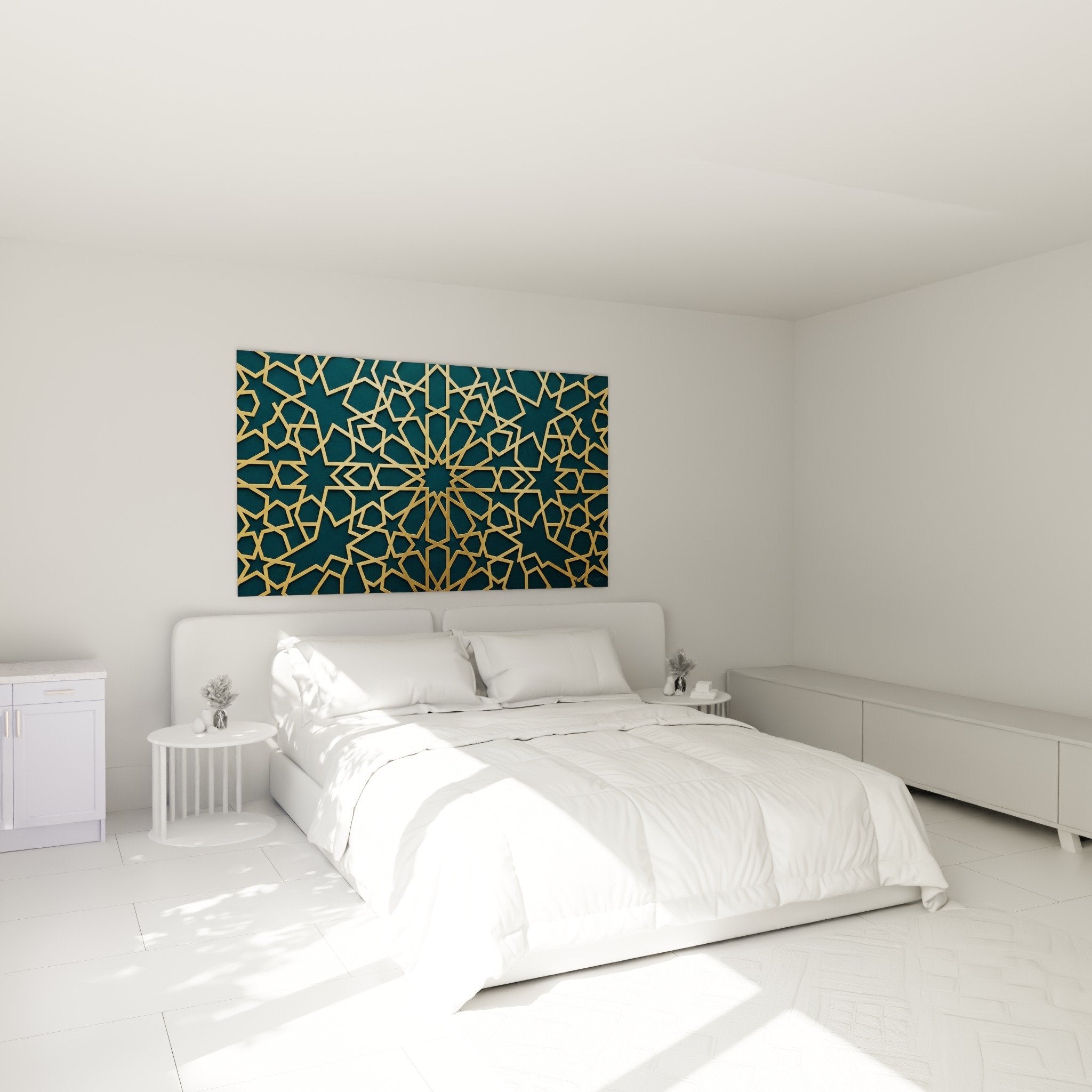 Tableau mandala geometrique dore bleu dans chambre decoration murale orientale apaisante