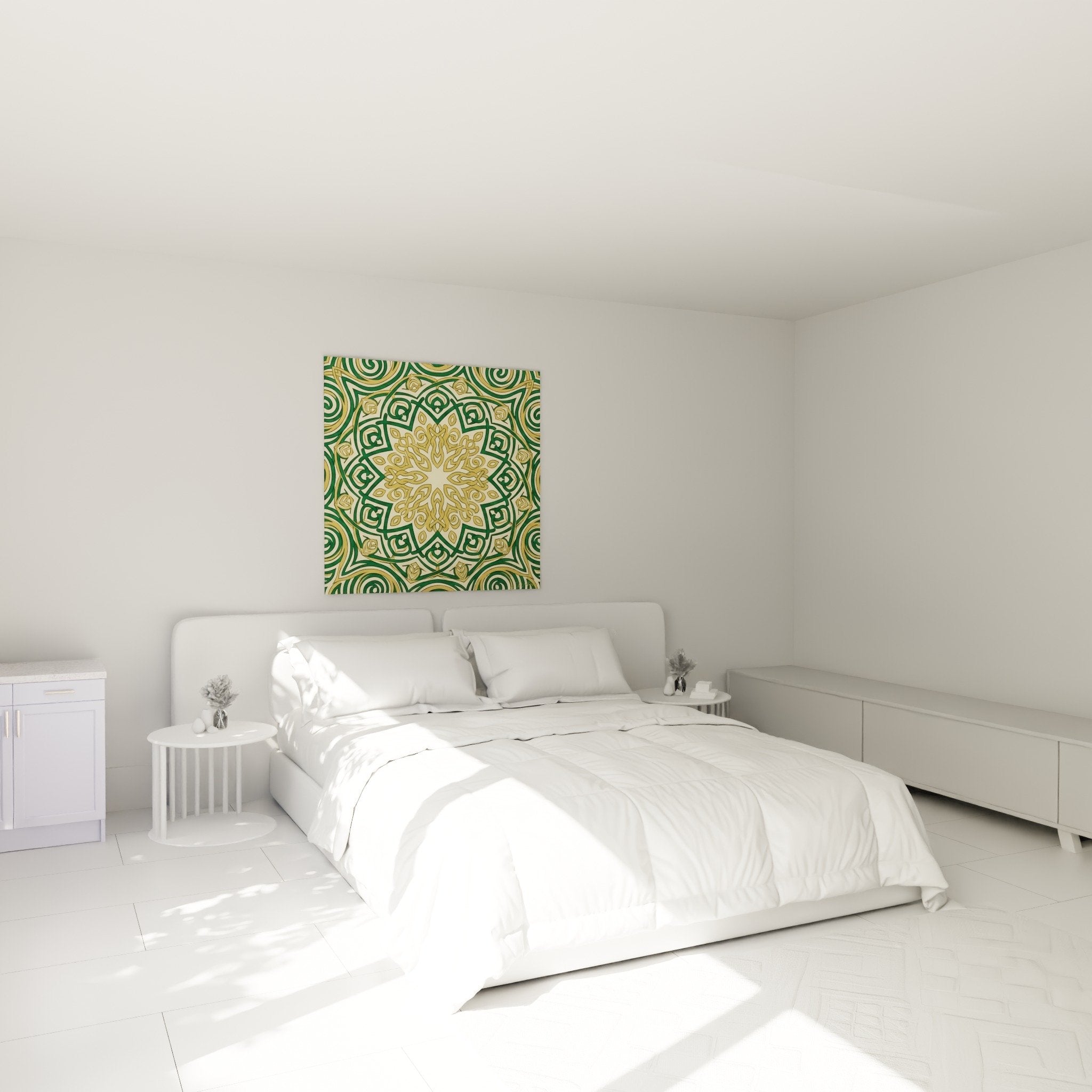 Tableau mandala vert et dore accroche au dessus d un lit dans une chambre contemporaine claire