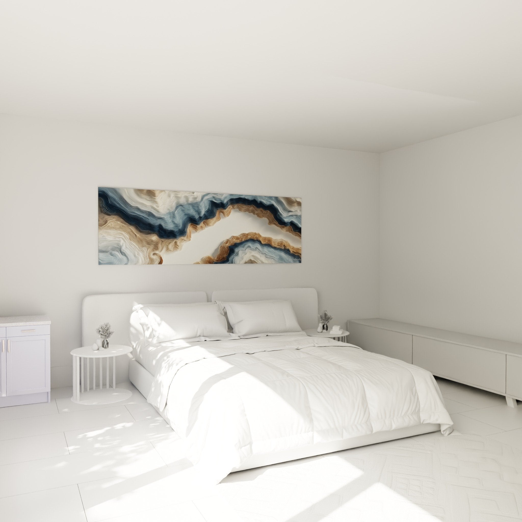 Abstraktes Marmor-Wandbild in Blau und Bronze im modernen Schlafzimmer über dem Bett