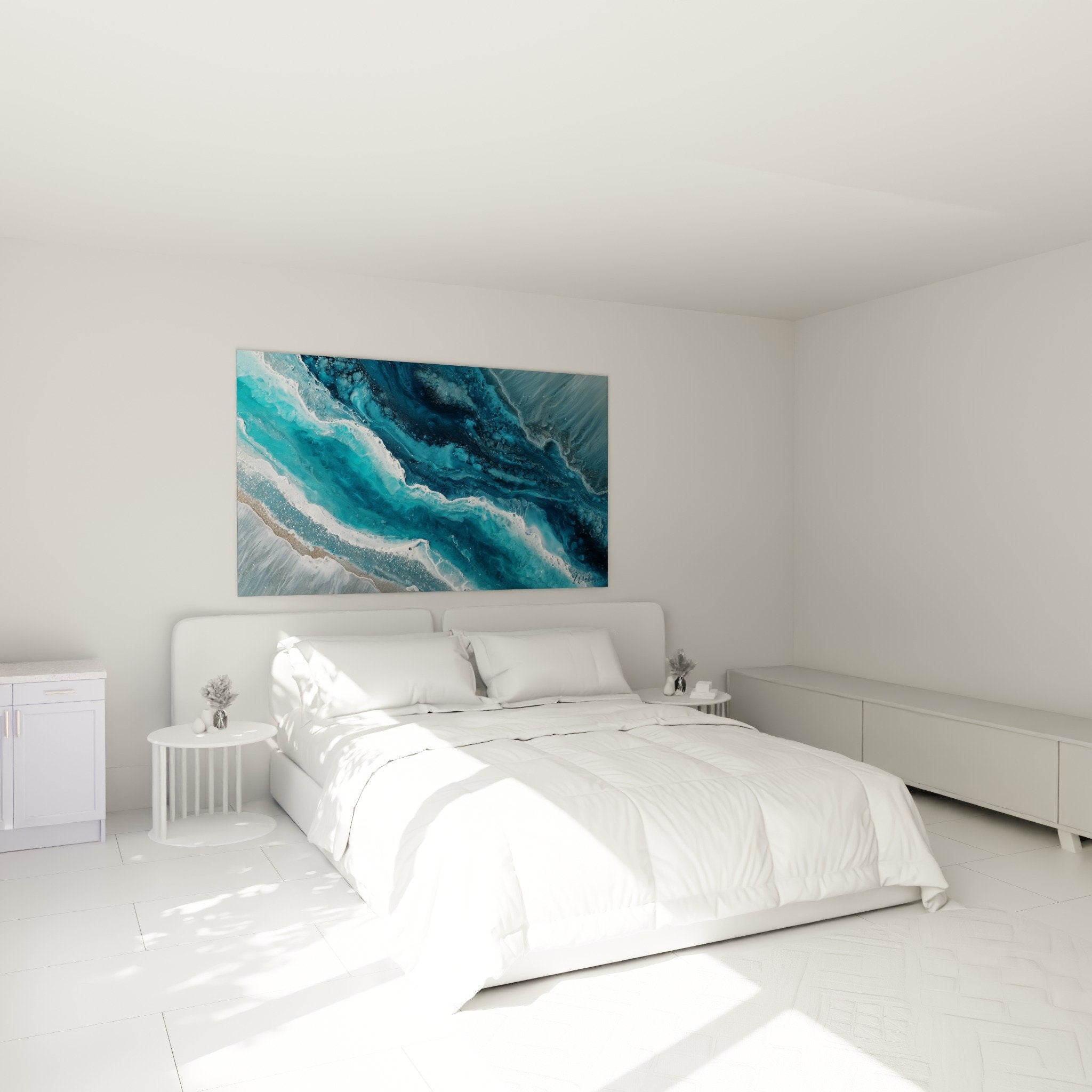 Tableau marbre bleu turquoise avec veines dorées dans chambre contemporaine élégante