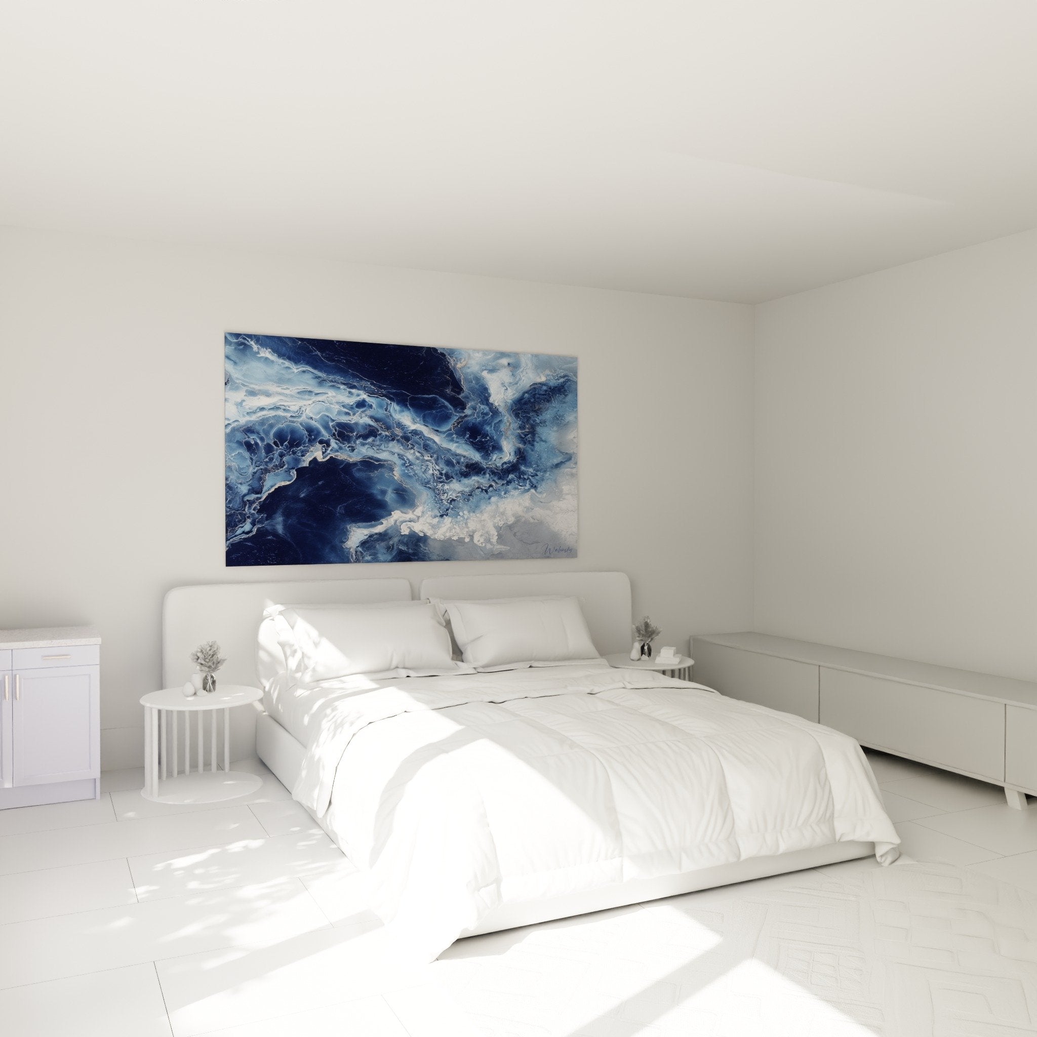 Abstract marble painting blue shades modern bedroom wall art decor