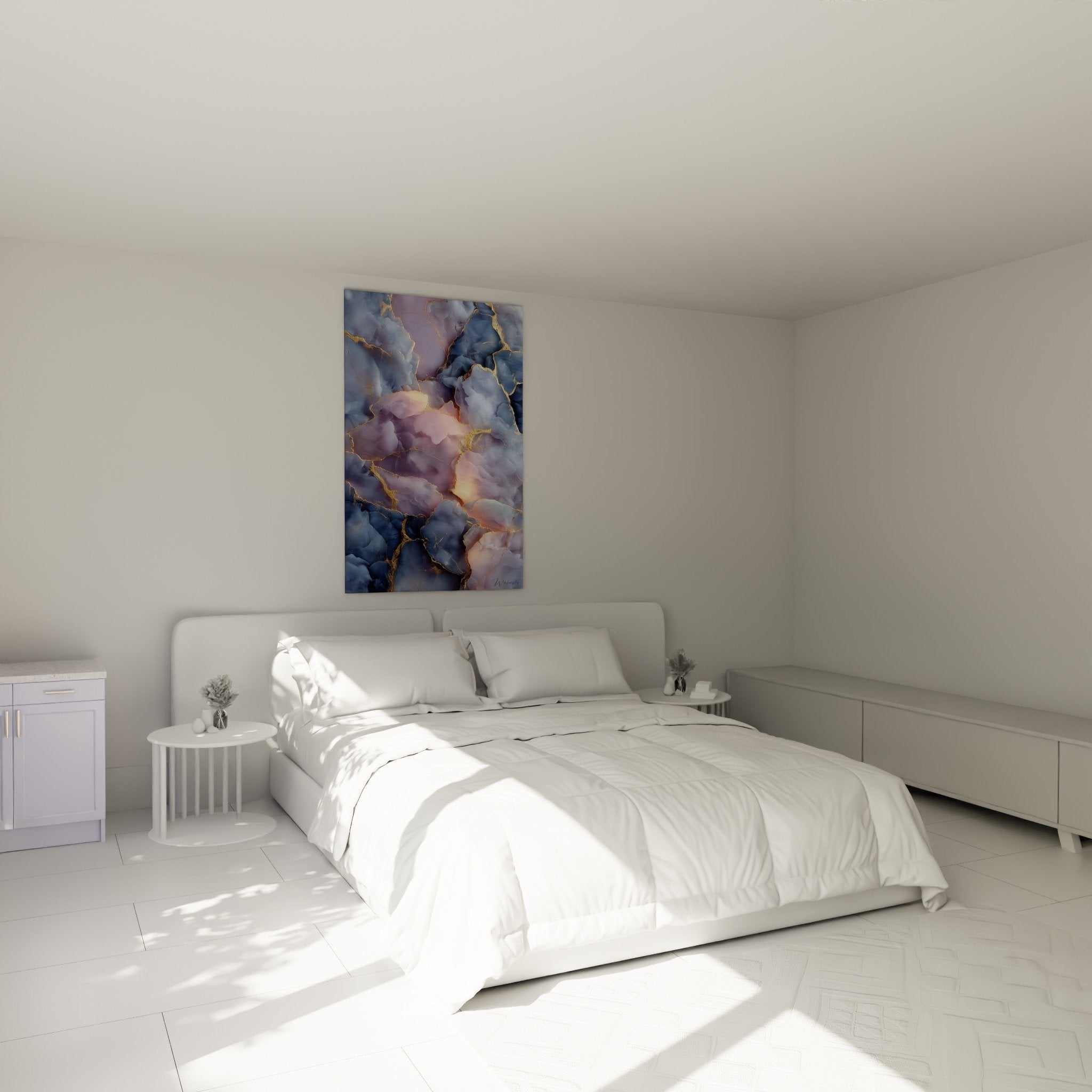 Abstract blue gold marble wall art above bed bedroom contemporary home decor