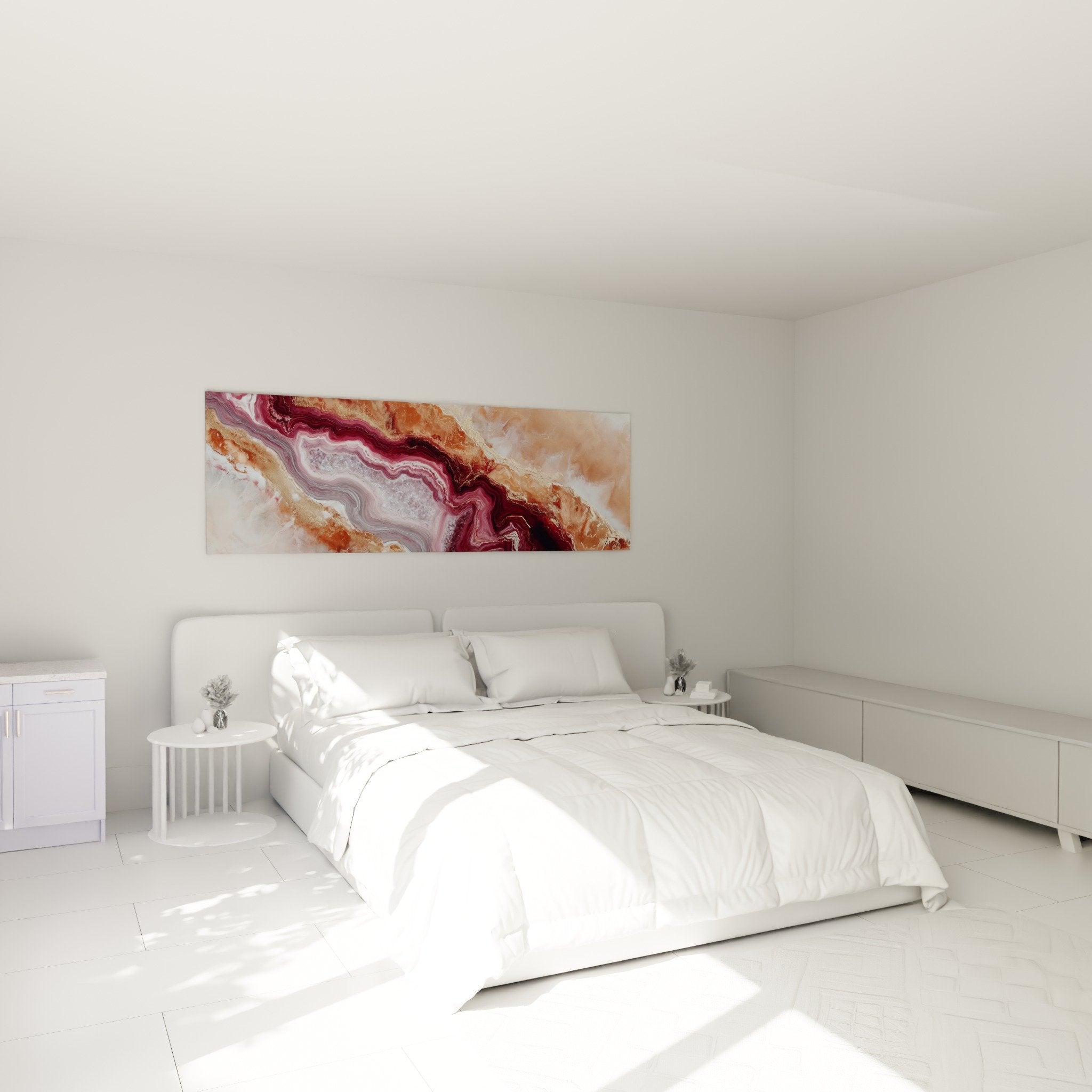 tableau marbre abstrait bordeaux beige au dessus lit chambre decoration murale elegante