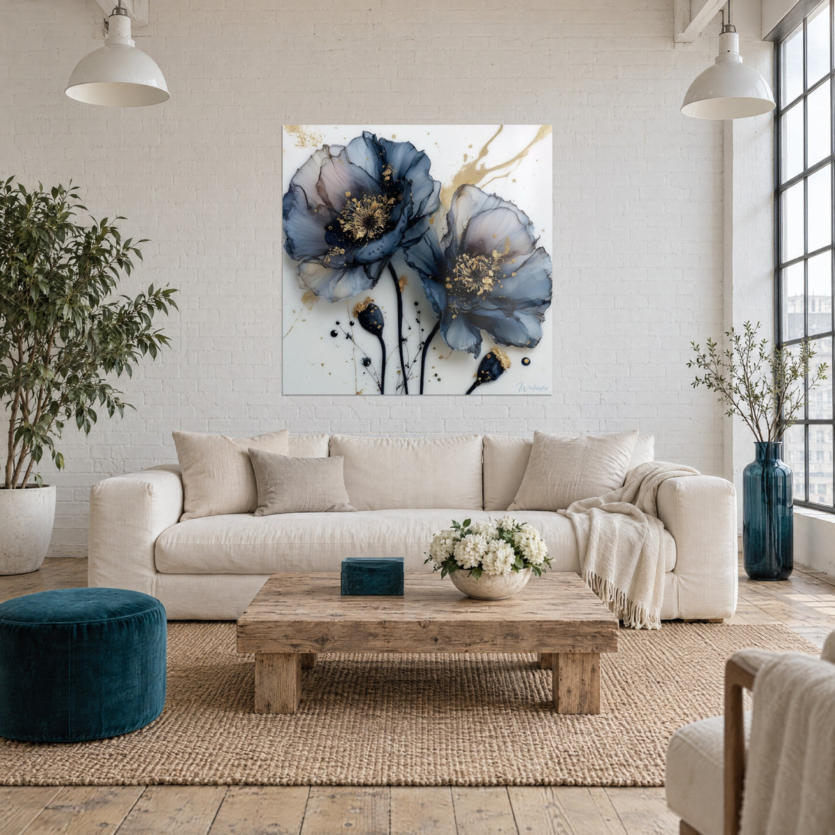 Schilderij leiblauwe klaprozen met gouden meeldraden gespatterd op ivoorkleurige achtergrond, boven een bank in een lichte woonkamer