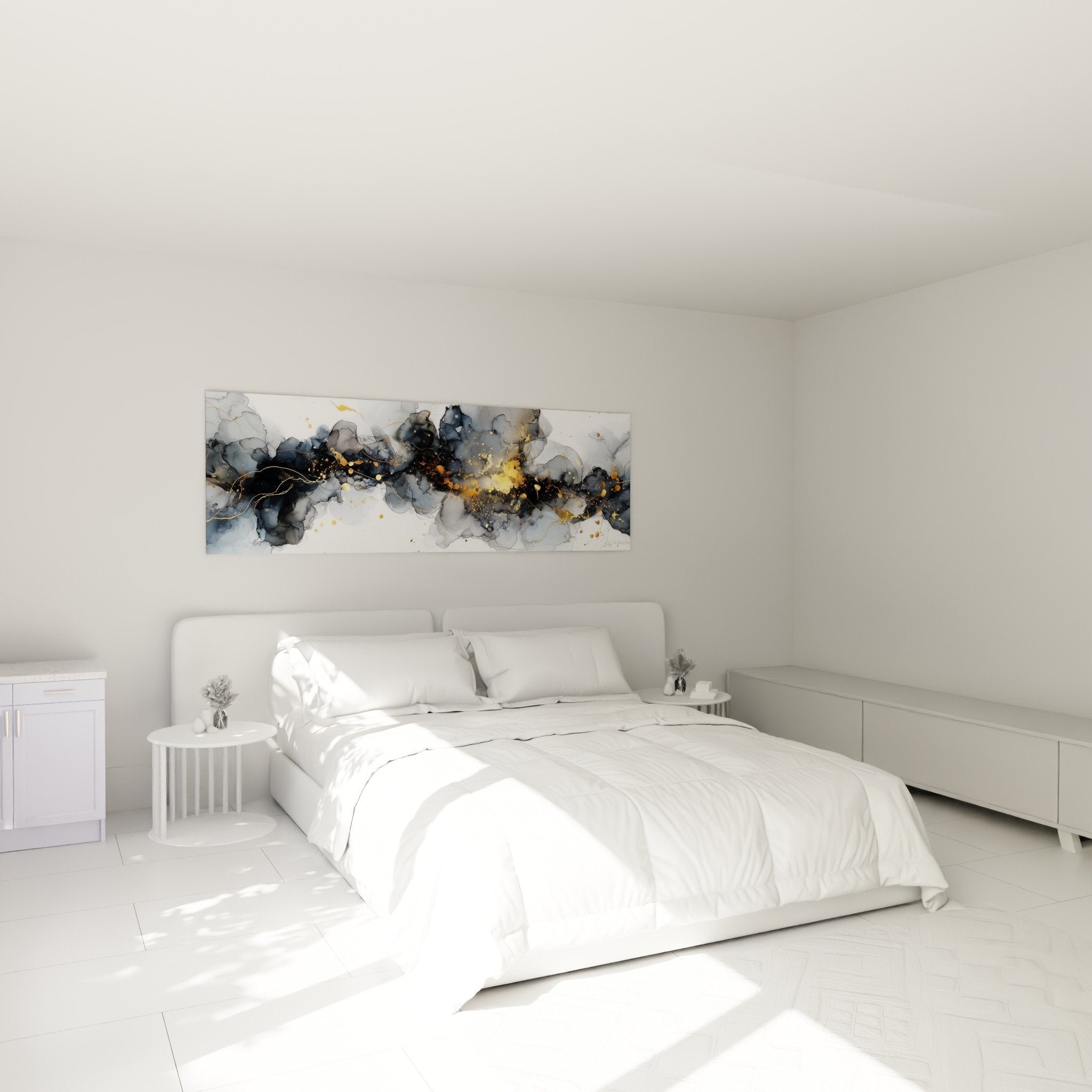 Tableau marbre abstrait tempete doree accroche au mur d'une chambre moderne avec mobilier contemporain
